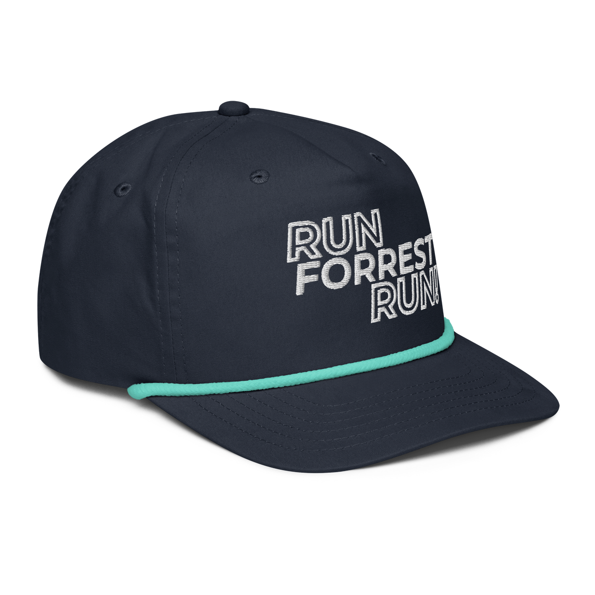 Run Forrest Run navy and mint golf rope cap, right front view