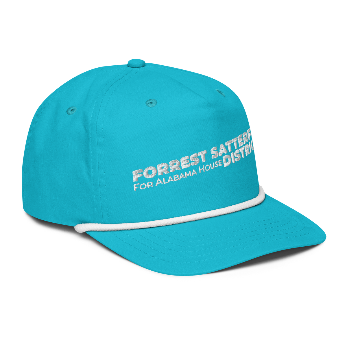 Forrest for Alabama golf rope cap, turquoise and white, front-right angle