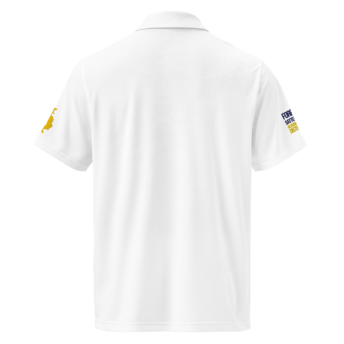 Run Forrest Run white Under Armour performance polo, back view