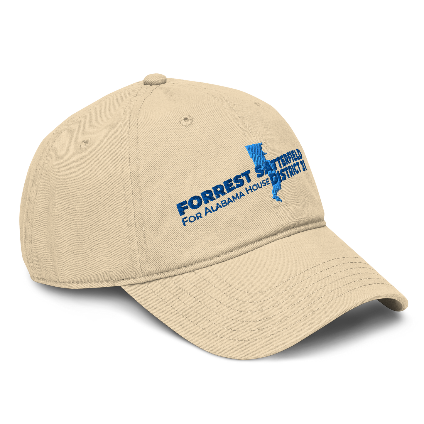 Forrest for Alabama garment-washed khaki cap, front-right angle