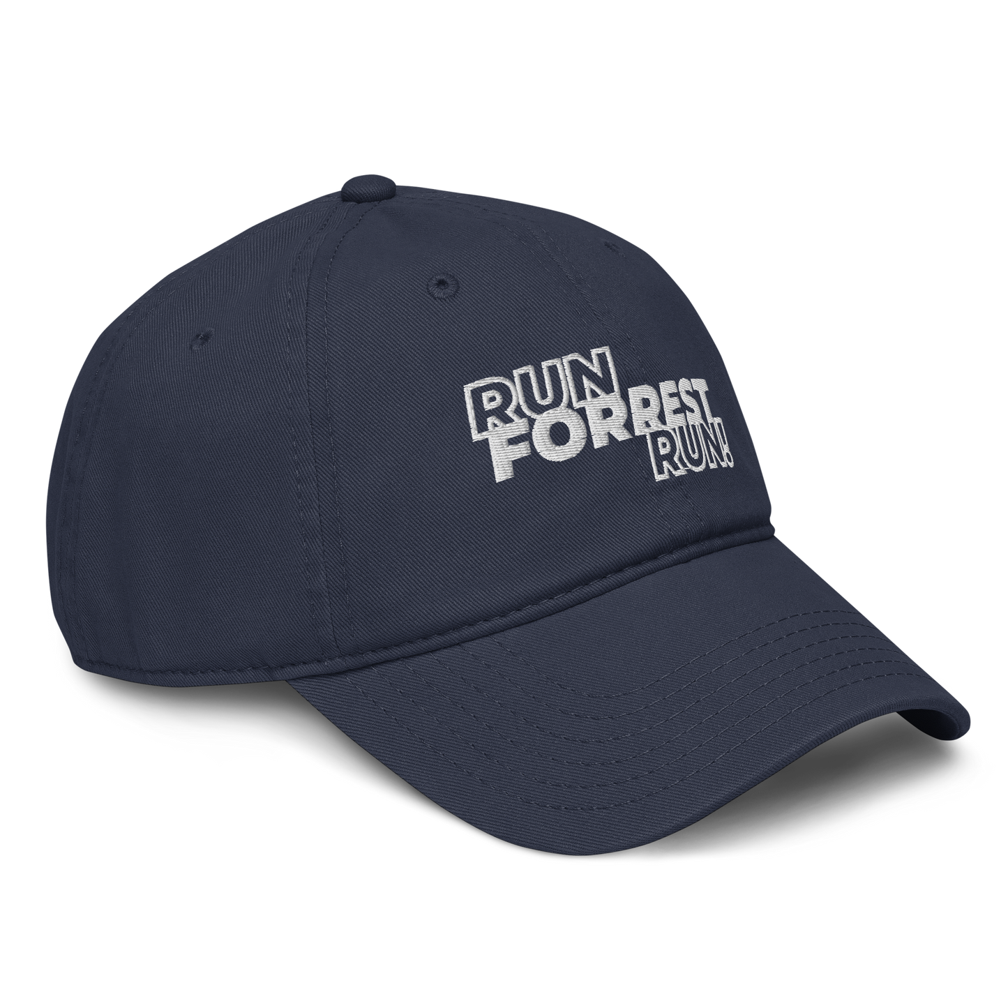 Run Forrest Run garment-washed navy cap, front-right angle