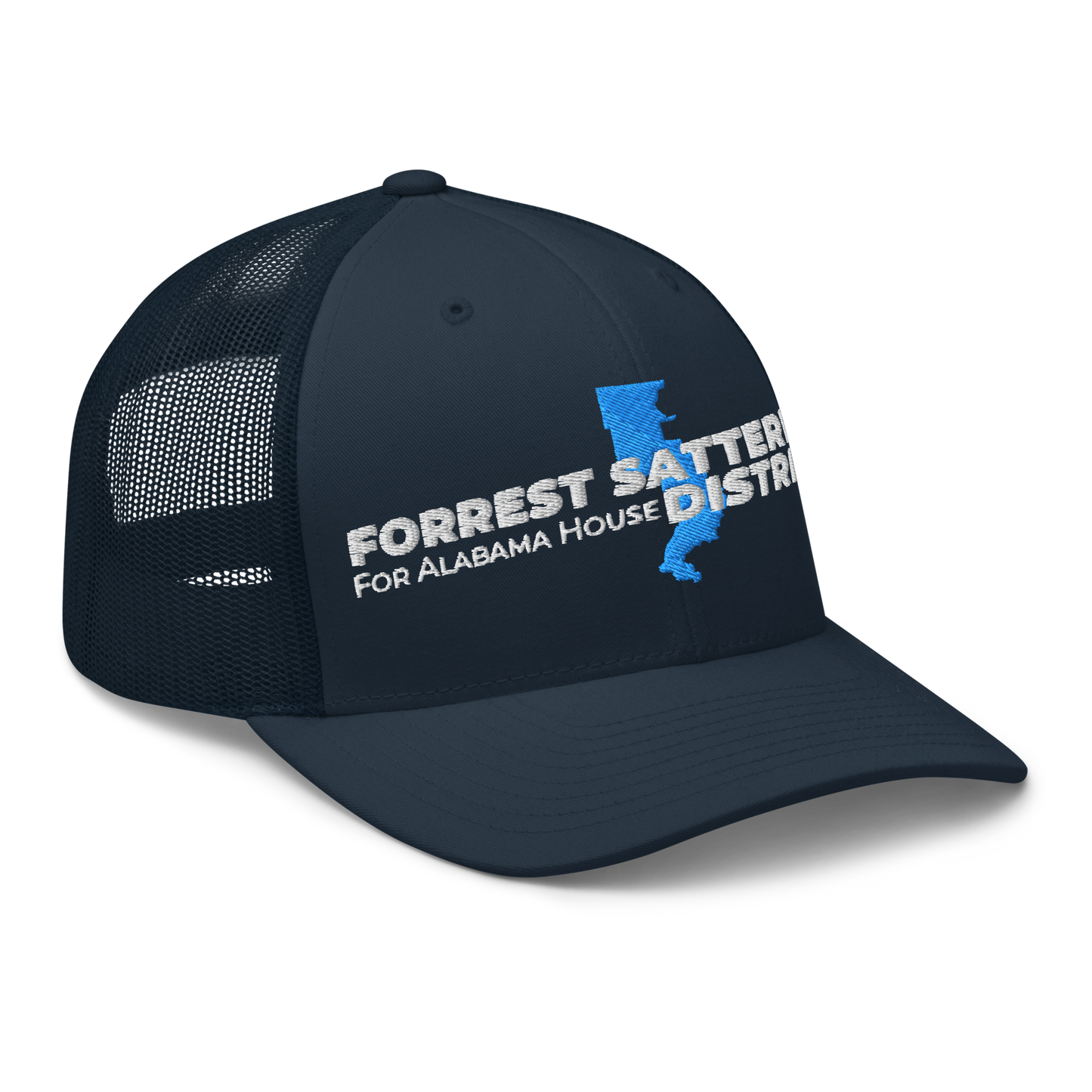 Forrest for Alabama navy trucker cap, right front view
