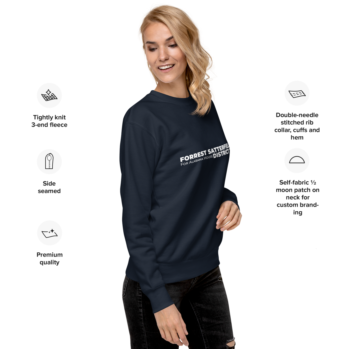 Forrest for Alabama navy premium sweatshirt, right front view