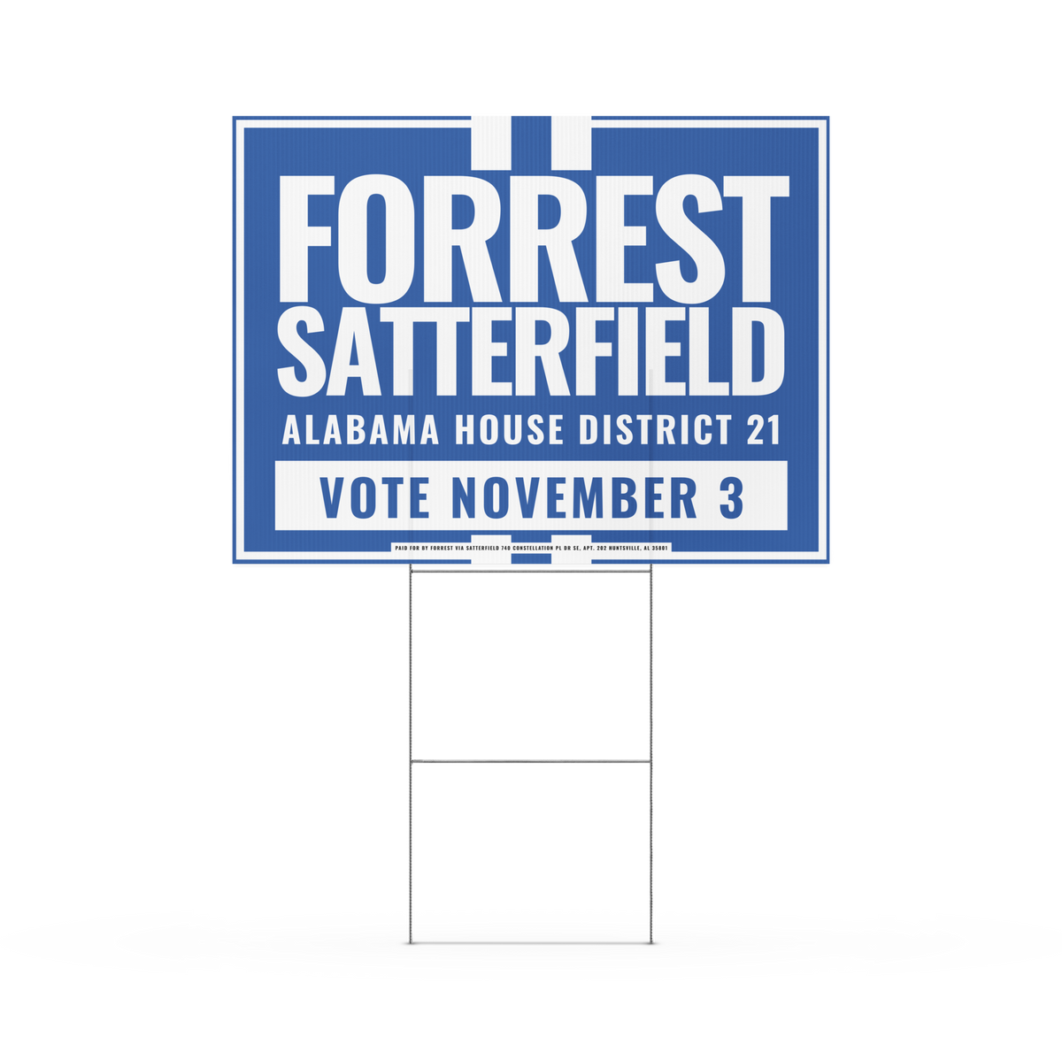 Forrest for Alabama blue double-sided 18 x 24 inch yard sign with H-stake, front view