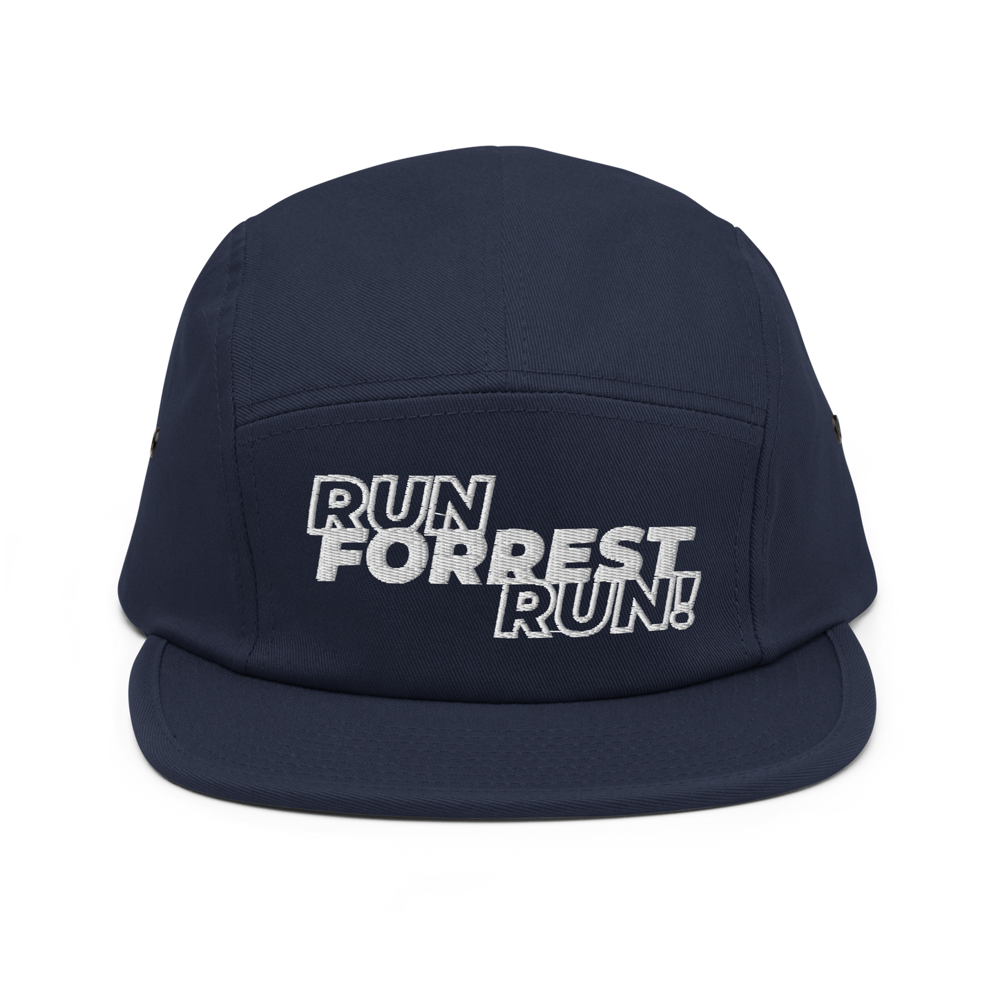 Run Forrest Run navy five-panel camp cap, front view