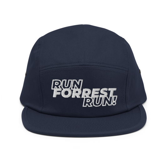 Run Forrest Run navy five-panel camp cap, front view