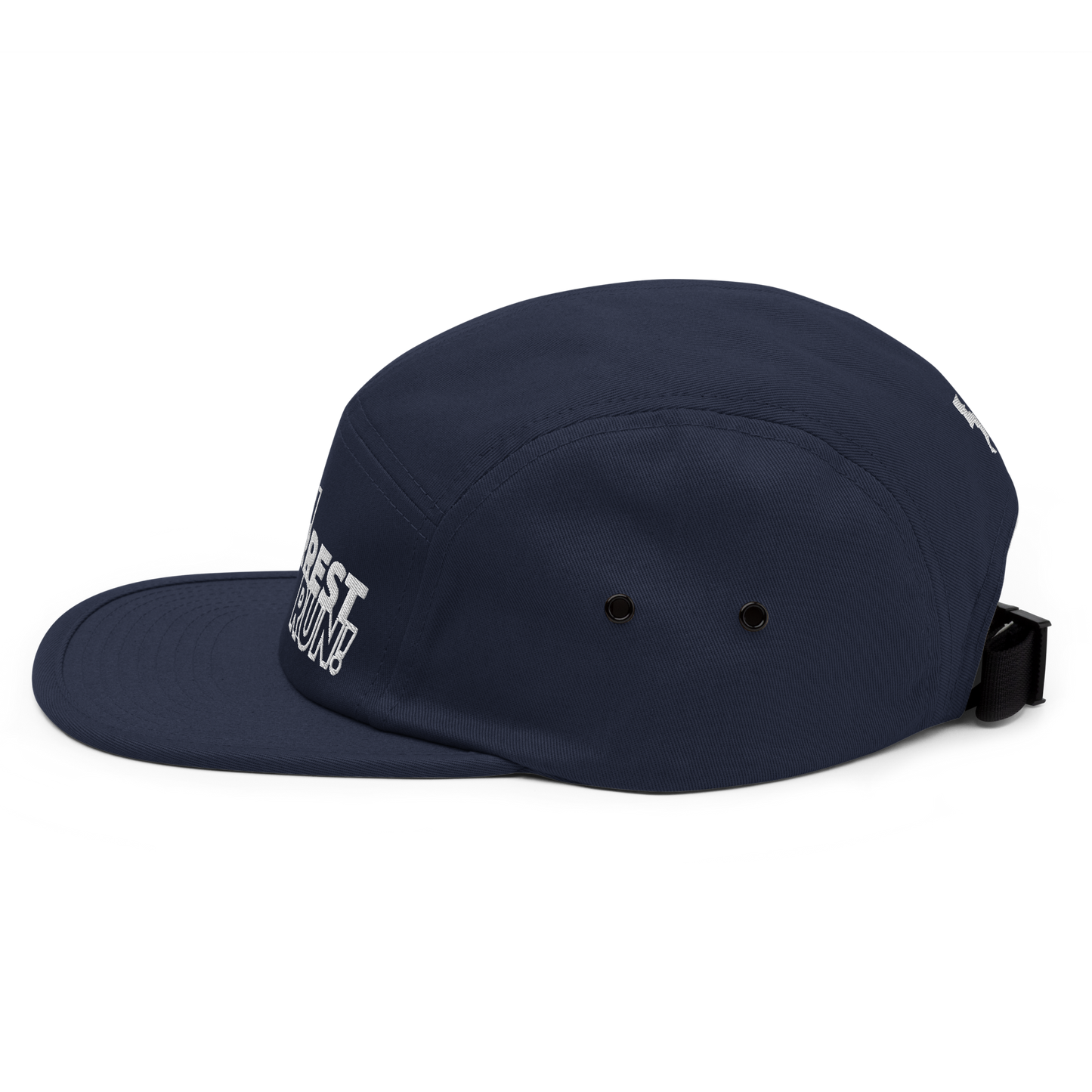 Run Forrest Run navy five-panel camp cap, left side view