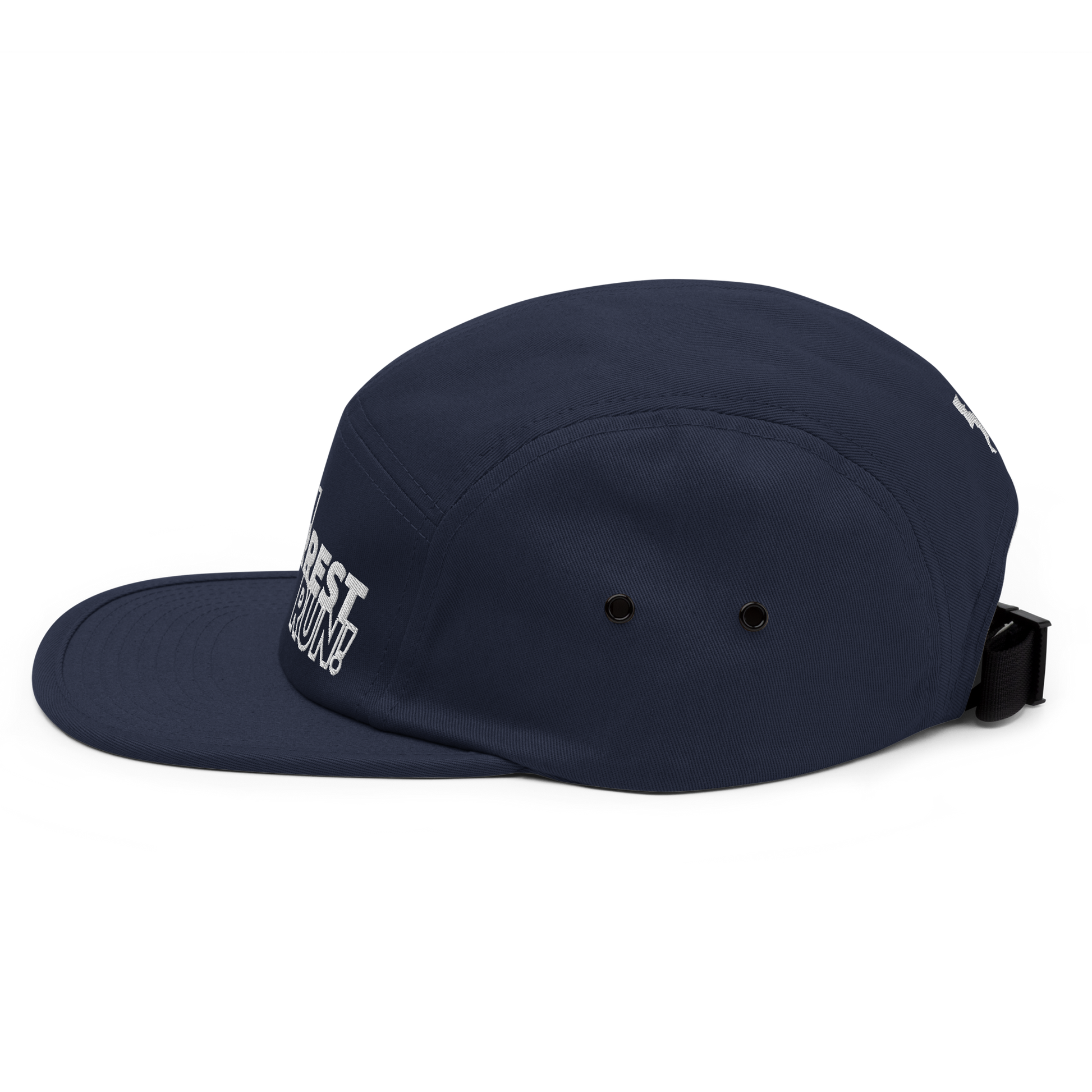 Run Forrest Run navy five-panel camp cap, left side view