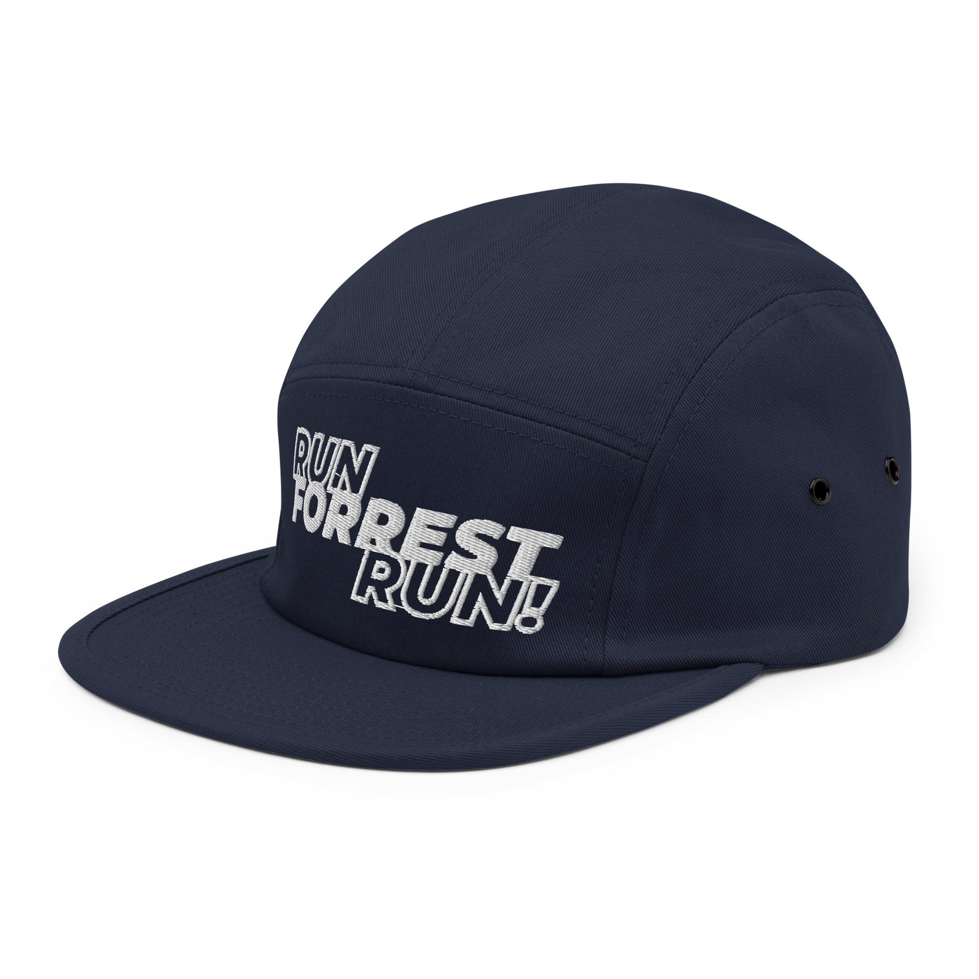 Run Forrest Run navy five-panel camp cap, left front view