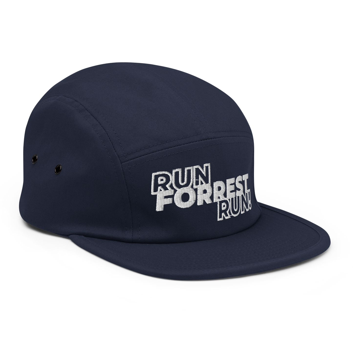 Run Forrest Run navy five-panel camp cap, right front view