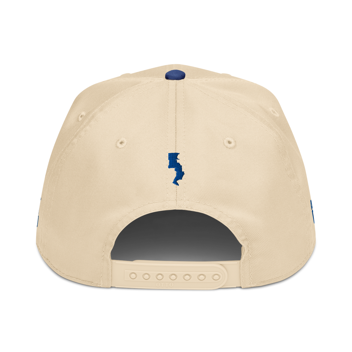Forrest for Alabama five-panel cap, cream crown with royal blue brim, back view