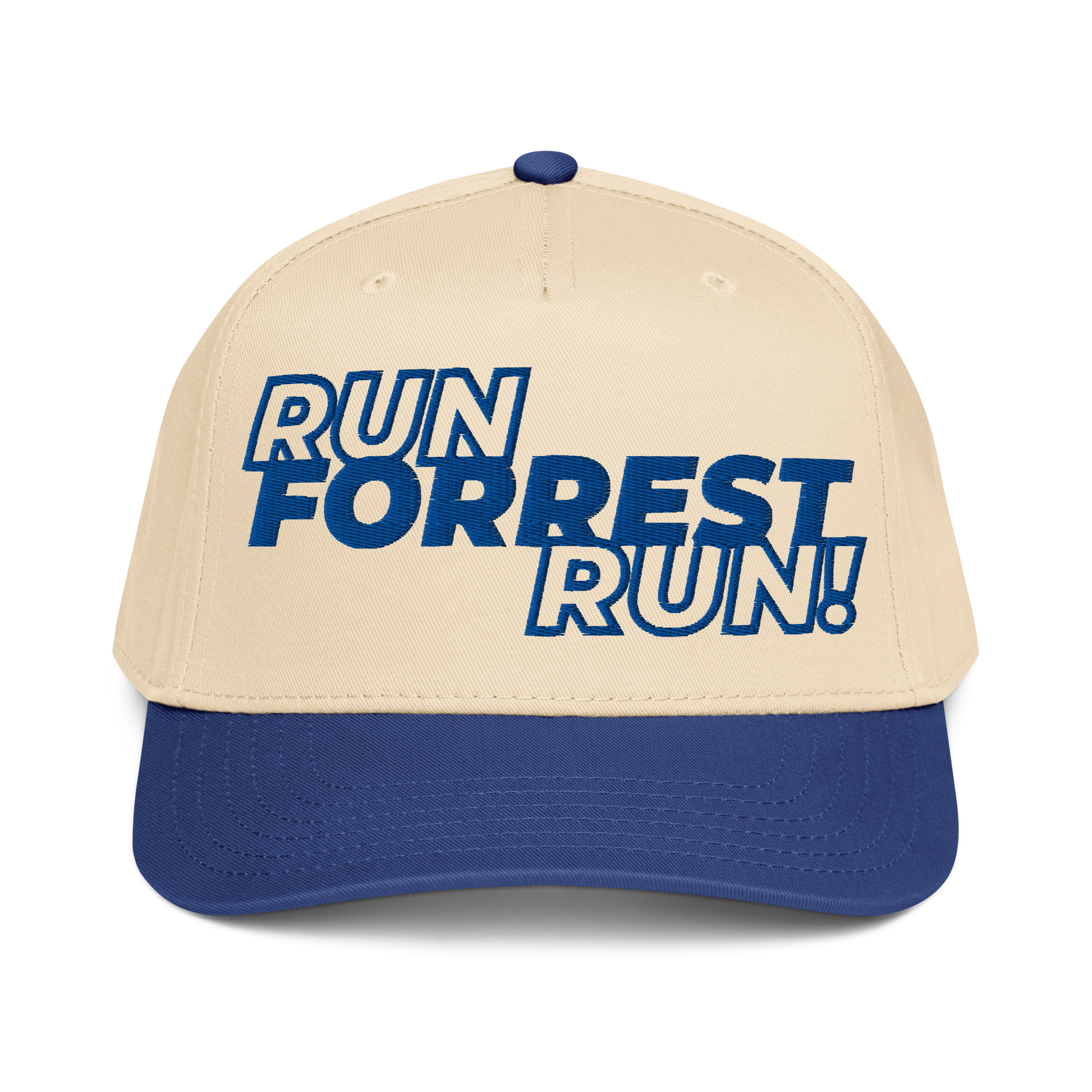 Run Forrest Run 5-panel cap, cream and royal blue, front view