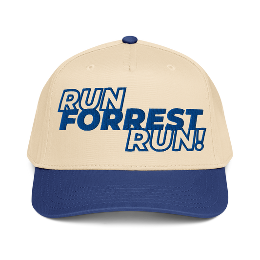 Run Forrest Run 5-panel cap, cream and royal blue, front view