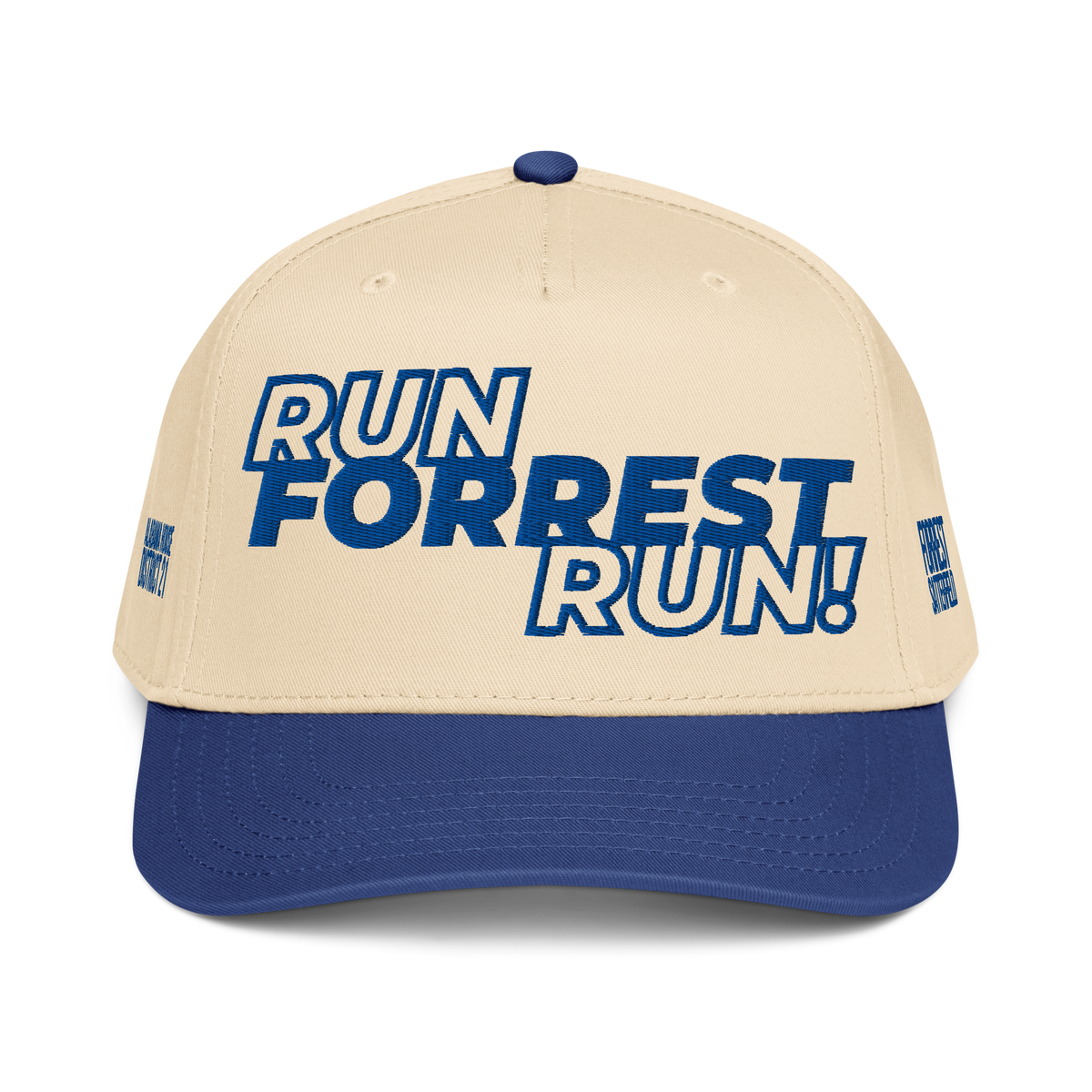 Forrest for Alabama five-panel cap, cream crown with royal blue brim and navy RUN FORREST RUN! embroidery, front view