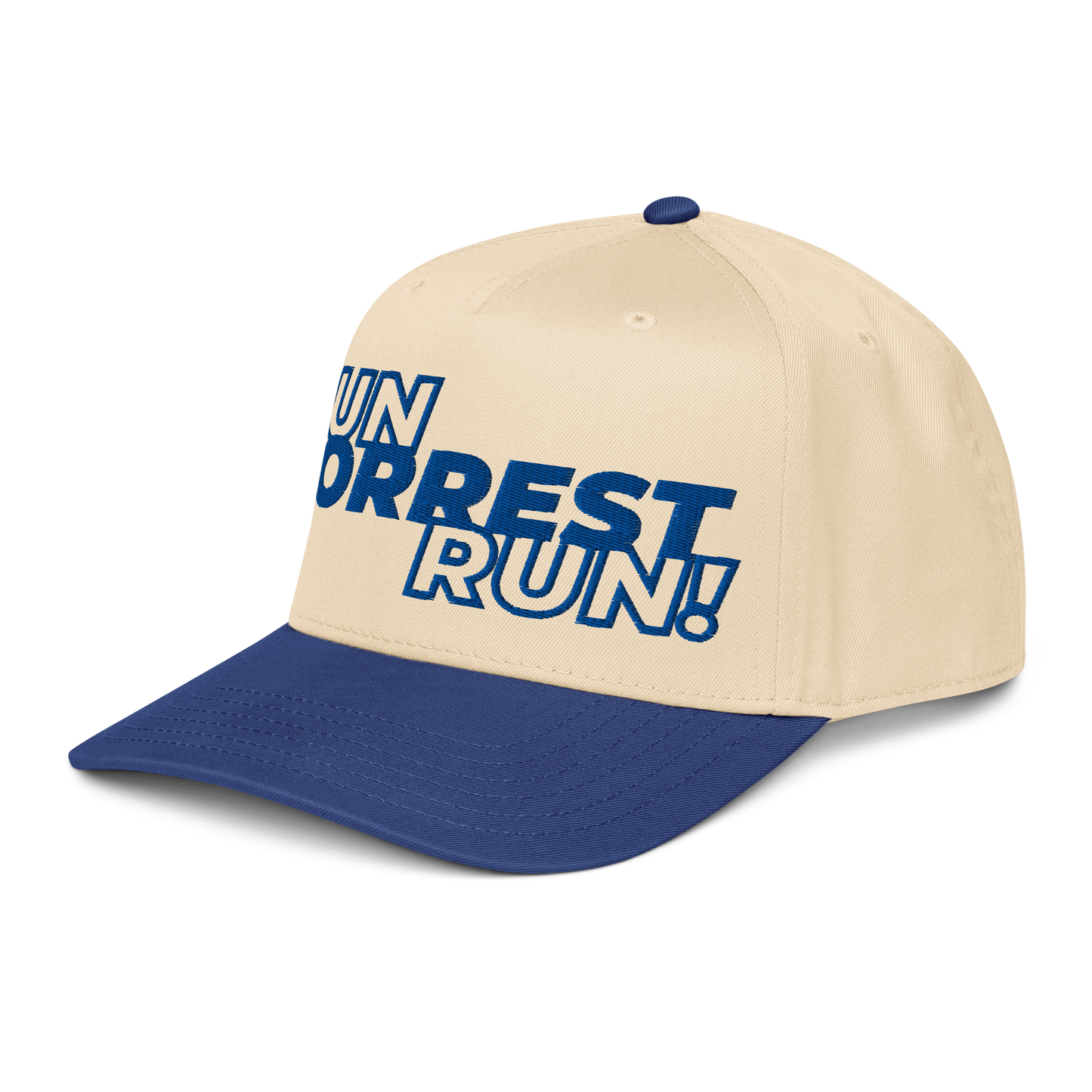 Run Forrest Run 5-panel cap, cream and royal blue, left front view