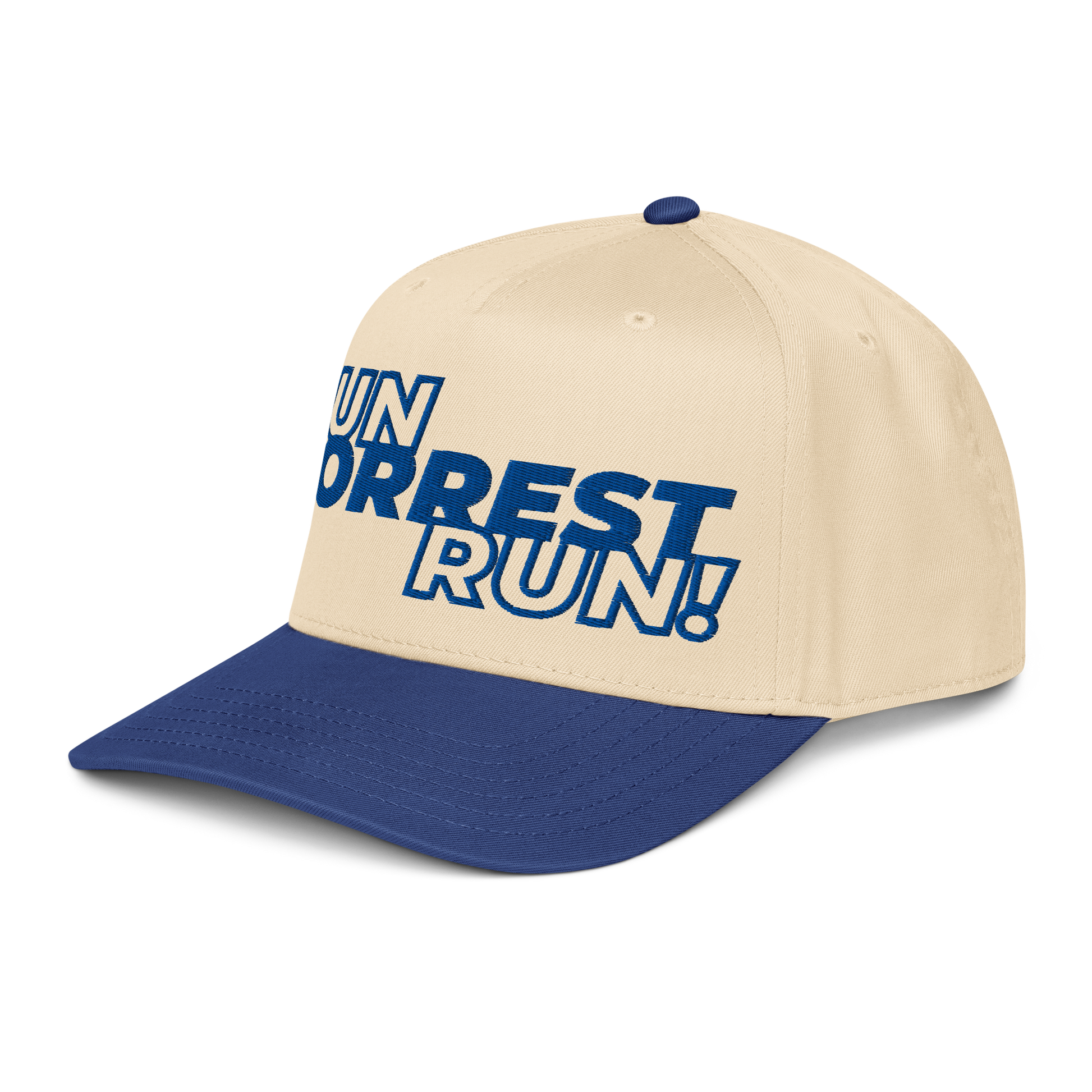 Run Forrest Run 5-panel cap, cream and royal blue, left front view