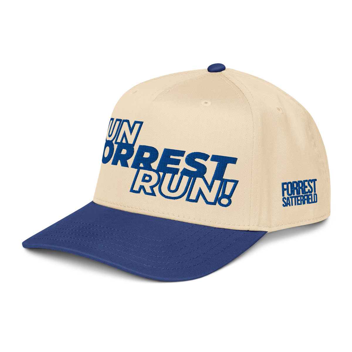 Forrest for Alabama five-panel cap in cream and royal blue, three-quarter left front view