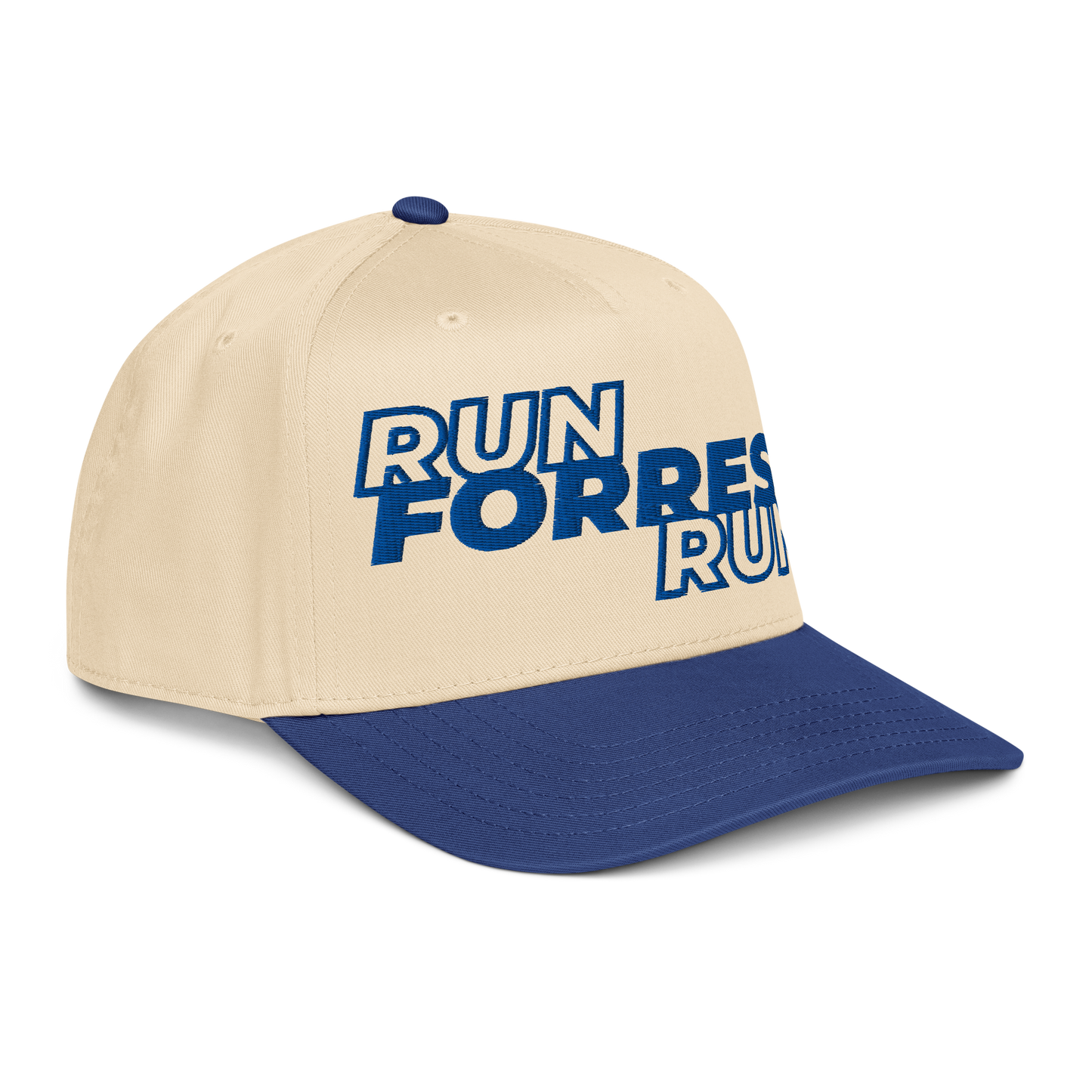 Run Forrest Run 5-panel cap, cream and royal blue, right front view