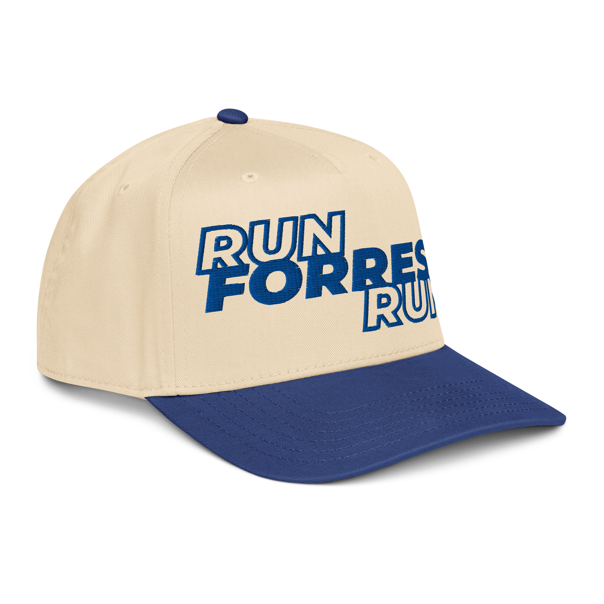Run Forrest Run 5-panel cap, cream and royal blue, right front view
