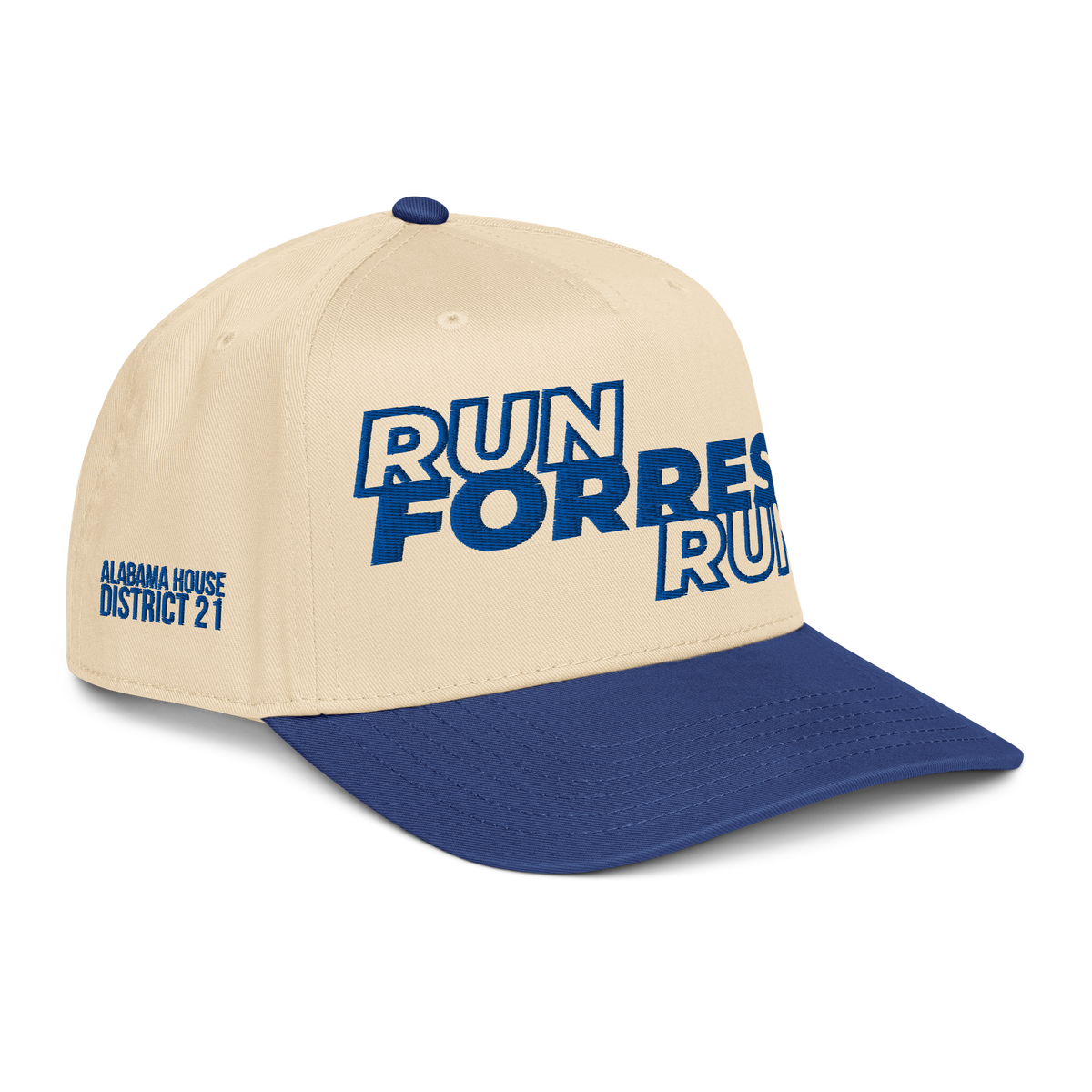 Forrest for Alabama five-panel cap in cream and royal blue, three-quarter right front view
