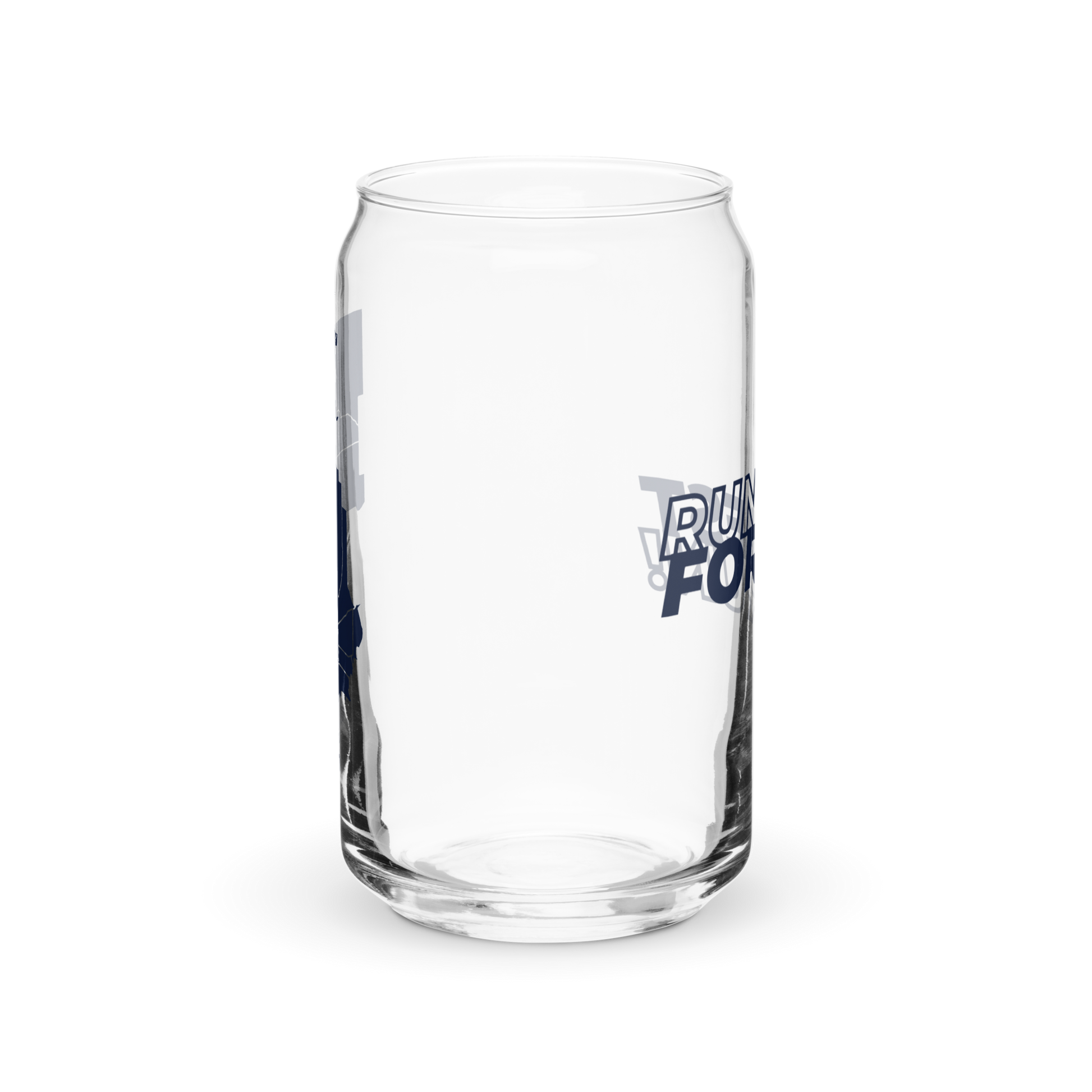 Run Forrest Run 16 oz can-shaped glass, back view