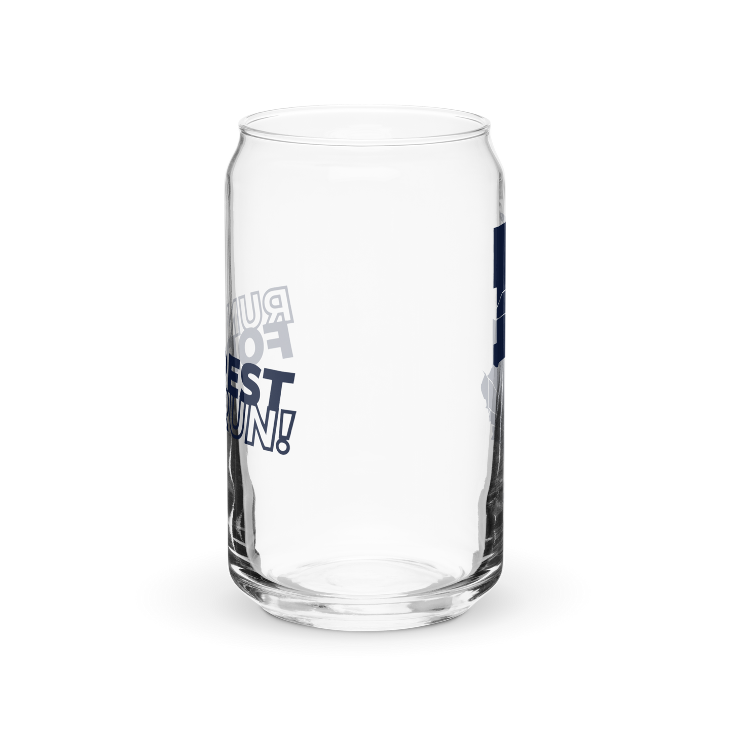 Run Forrest Run 16 oz can-shaped glass, front view