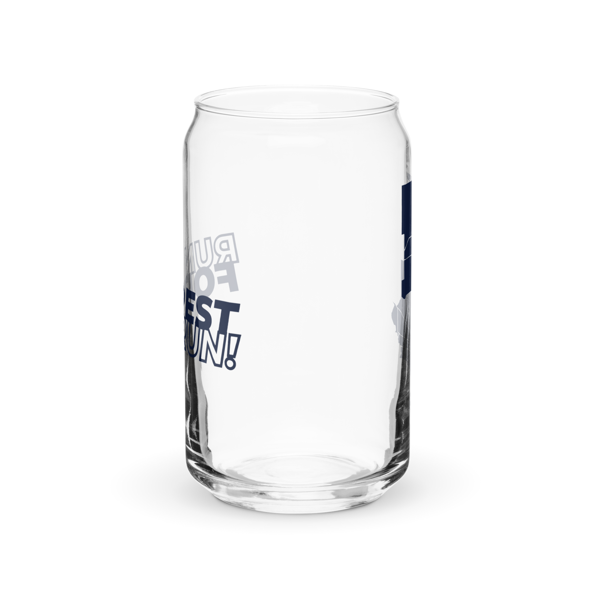 Run Forrest Run 16 oz can-shaped glass, front view