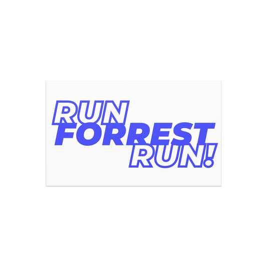 Front view of the 7.5 by 4.5 inch RUN FORREST RUN! car magnet, blue stacked lettering on white vinyl, for the Forrest Satterfield campaign