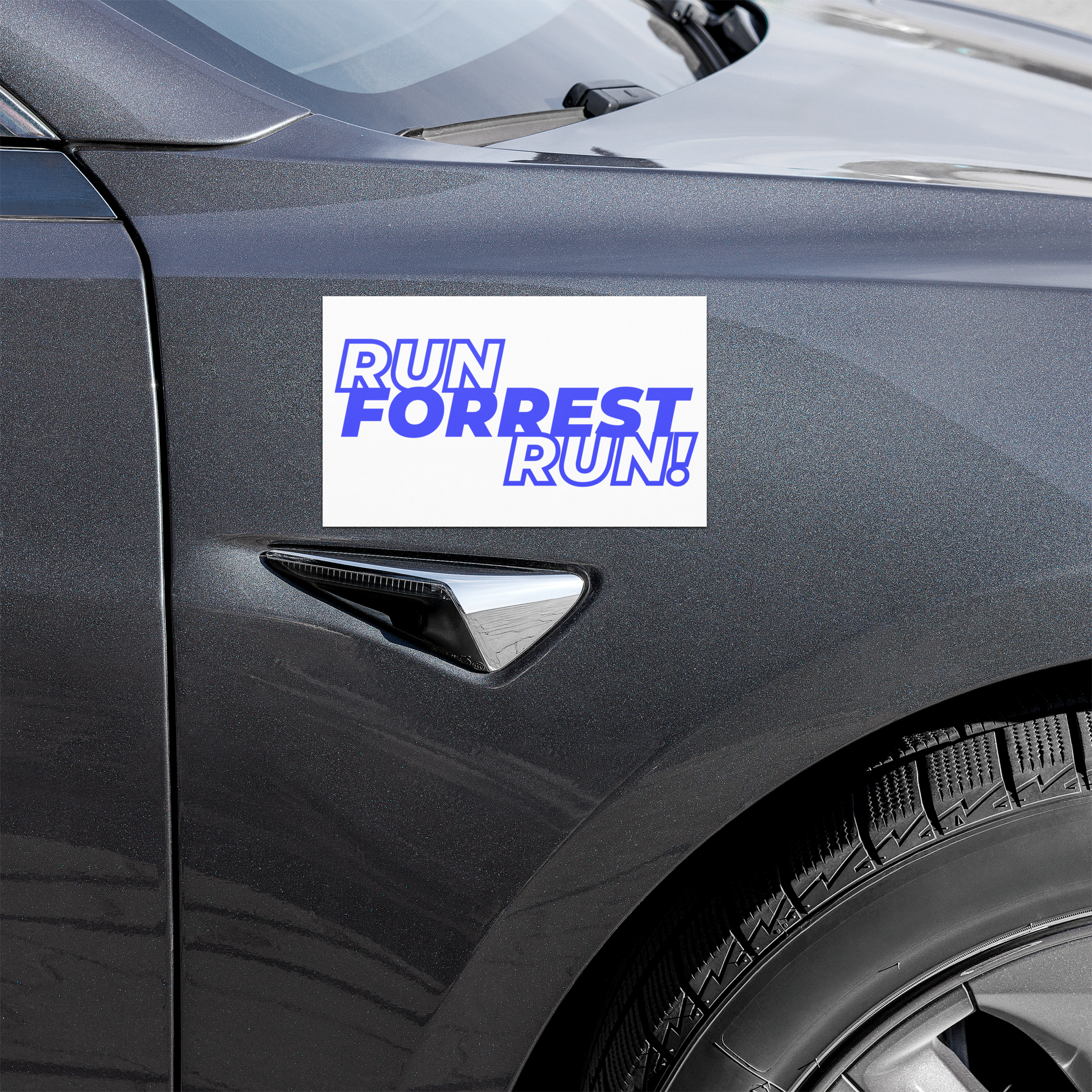 The RUN FORREST RUN! campaign car magnet shown front-on at 7.5 by 4.5 inches, supporting Forrest for Alabama in District 21