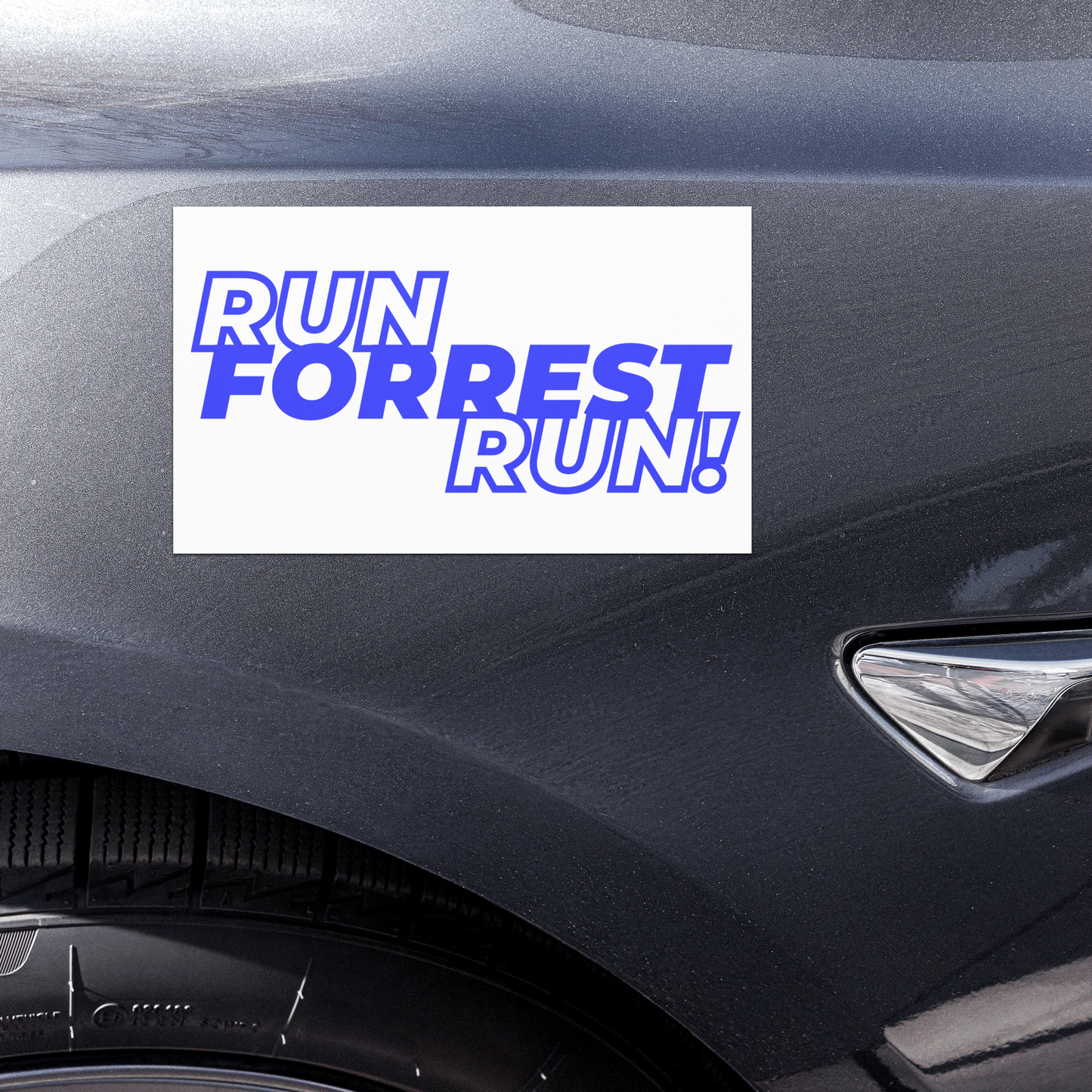 7.5 by 4.5 inch matte white vehicle magnet, front view, with the blue RUN FORREST RUN! wordmark for Forrest Satterfield