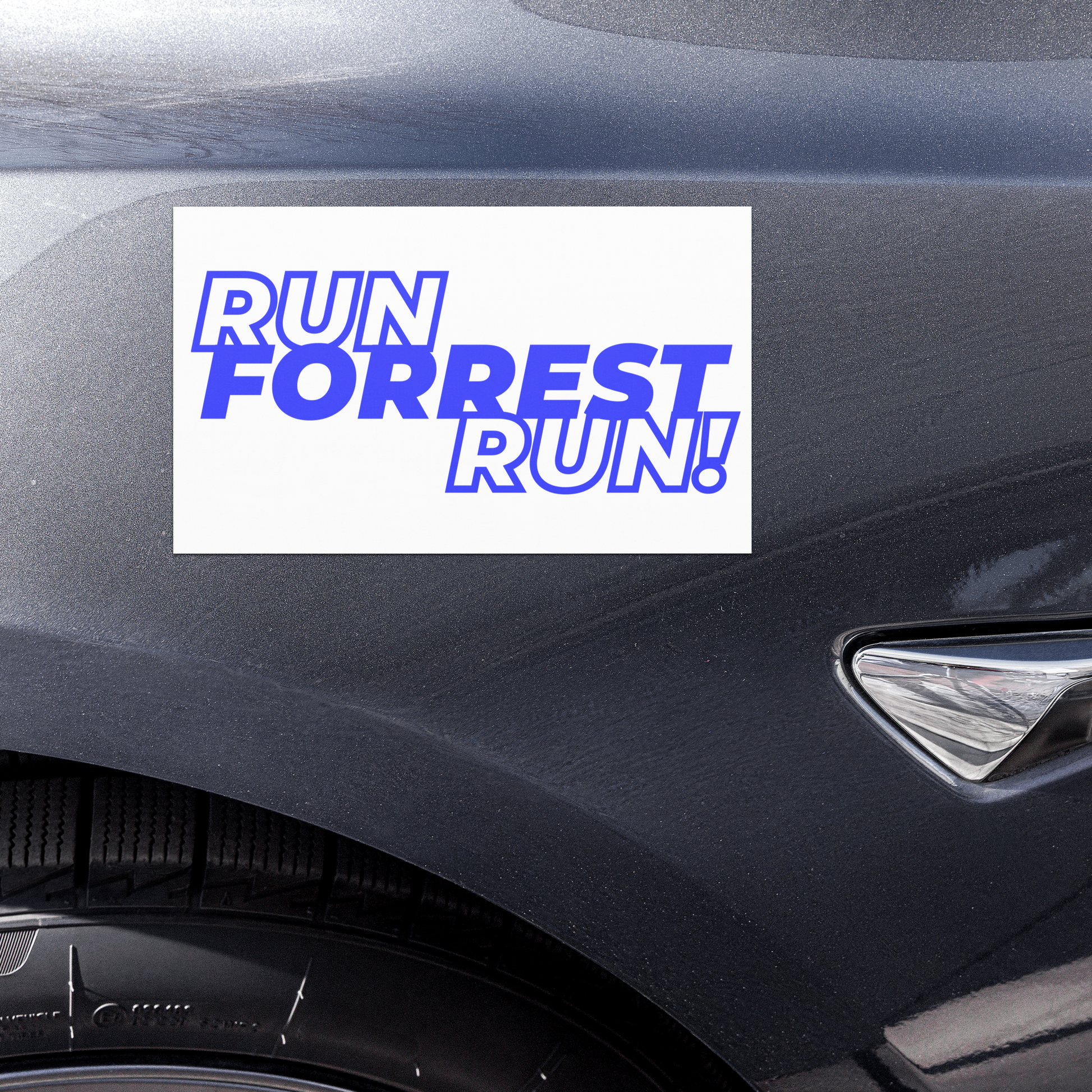 7.5 by 4.5 inch matte white vehicle magnet, front view, with the blue RUN FORREST RUN! wordmark for Forrest Satterfield