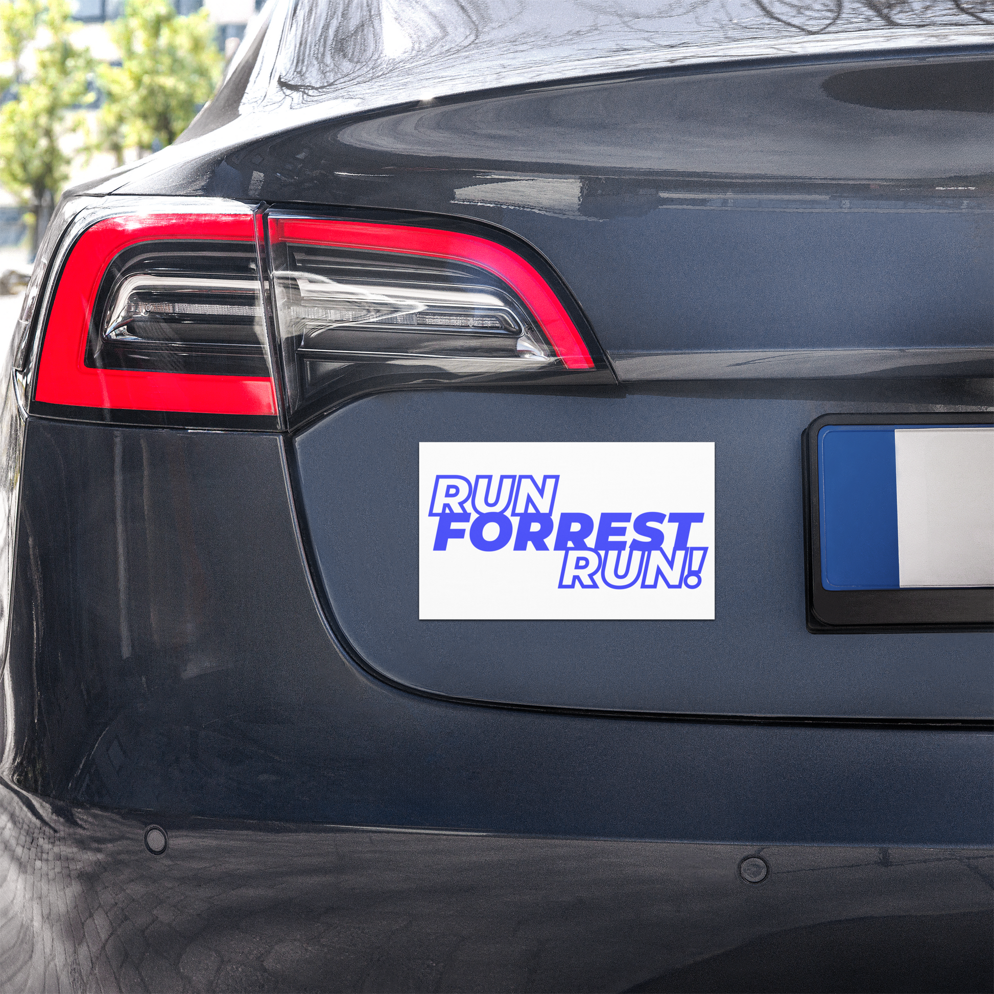 Front view of the weather-resistant Forrest for Alabama RUN FORREST RUN! car magnet, 7.5 by 4.5 inches with black magnetic backing