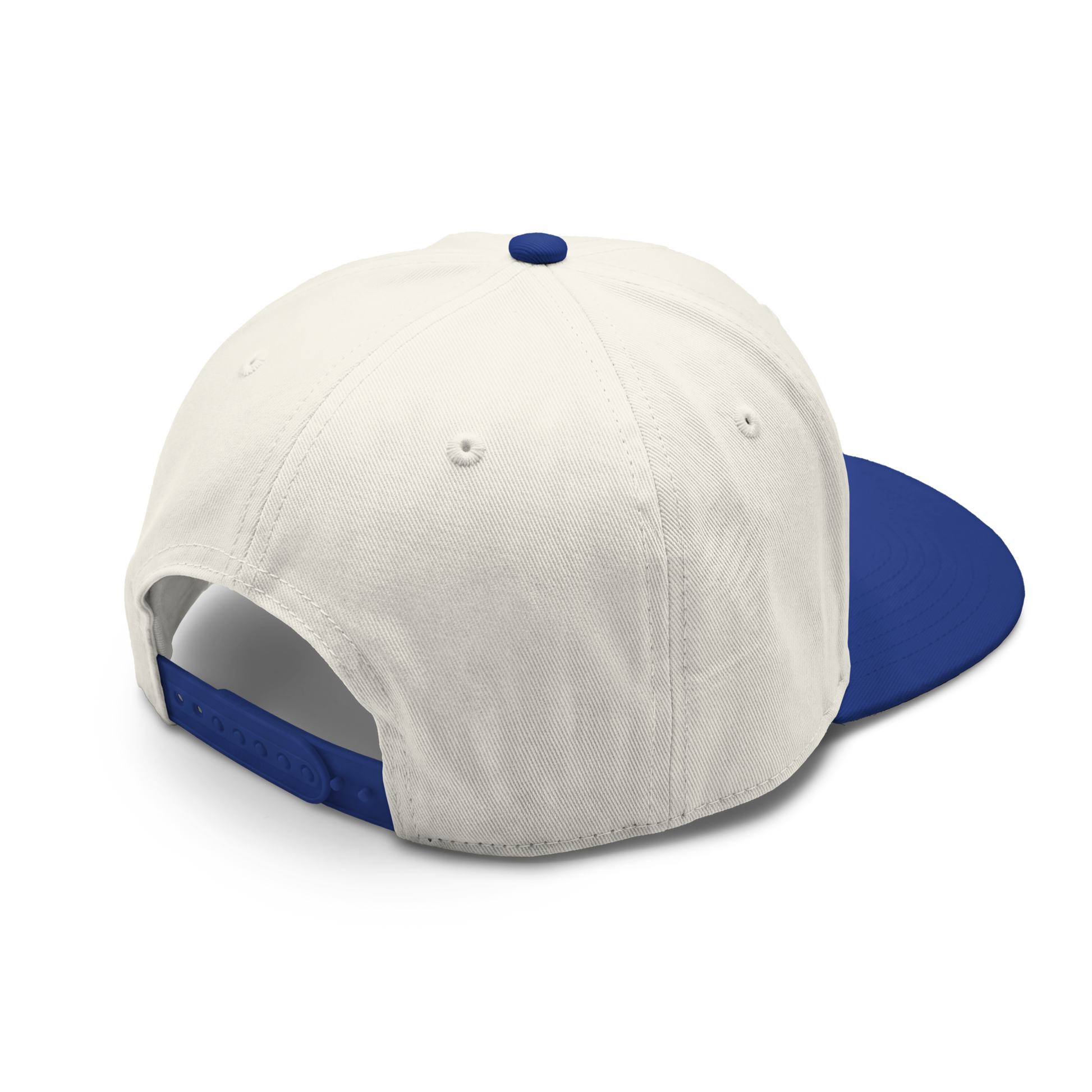 Run Forrest Run two-tone cap, cream crown with royal blue brim, back view