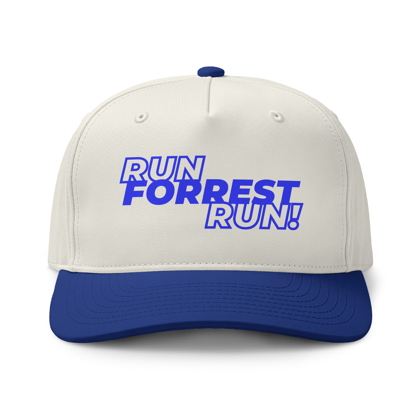 Run Forrest Run two-tone cap, cream crown with royal blue brim, front view