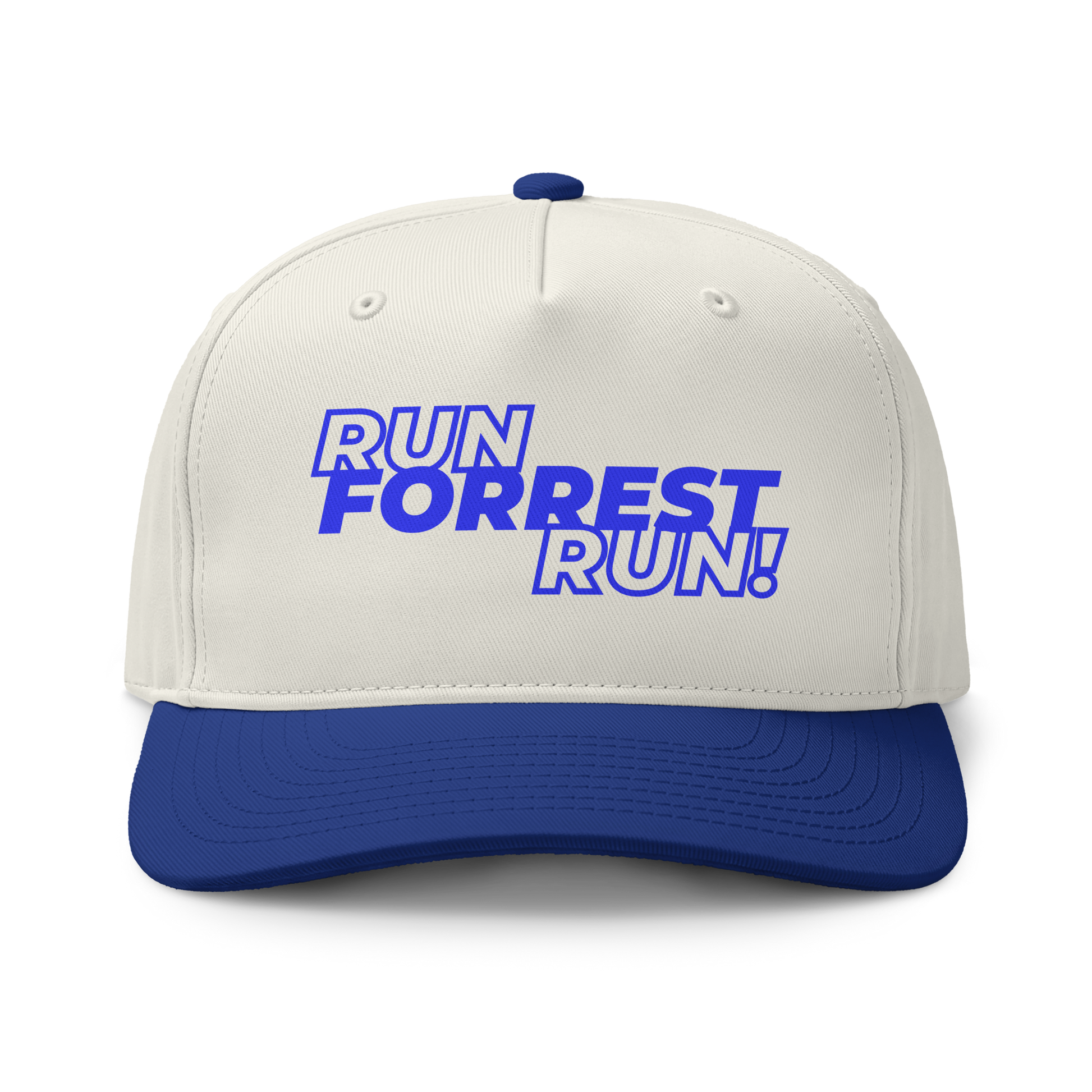 Run Forrest Run two-tone cap, cream crown with royal blue brim, front view