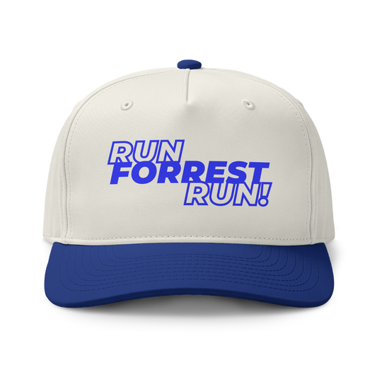 Run Forrest Run two-tone cap, cream crown with royal blue brim, front view