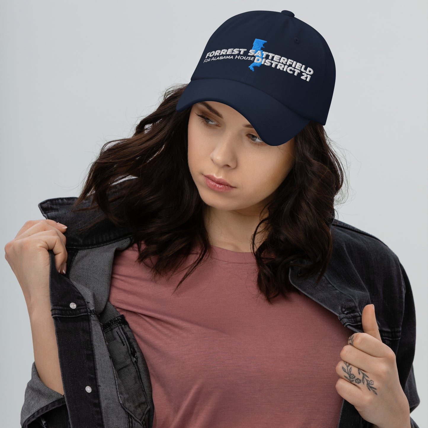 Forrest for Alabama navy dad hat, front view