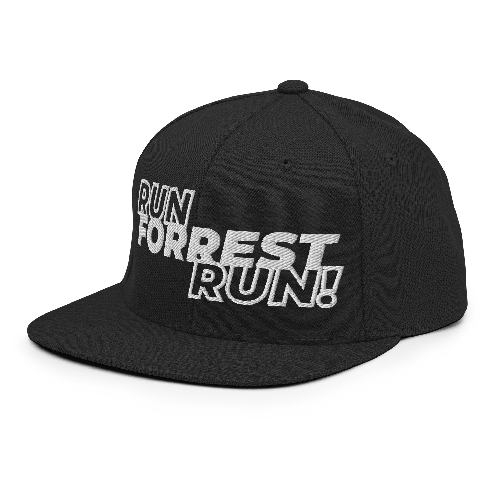 Run Forrest Run black snapback hat, front-left angle