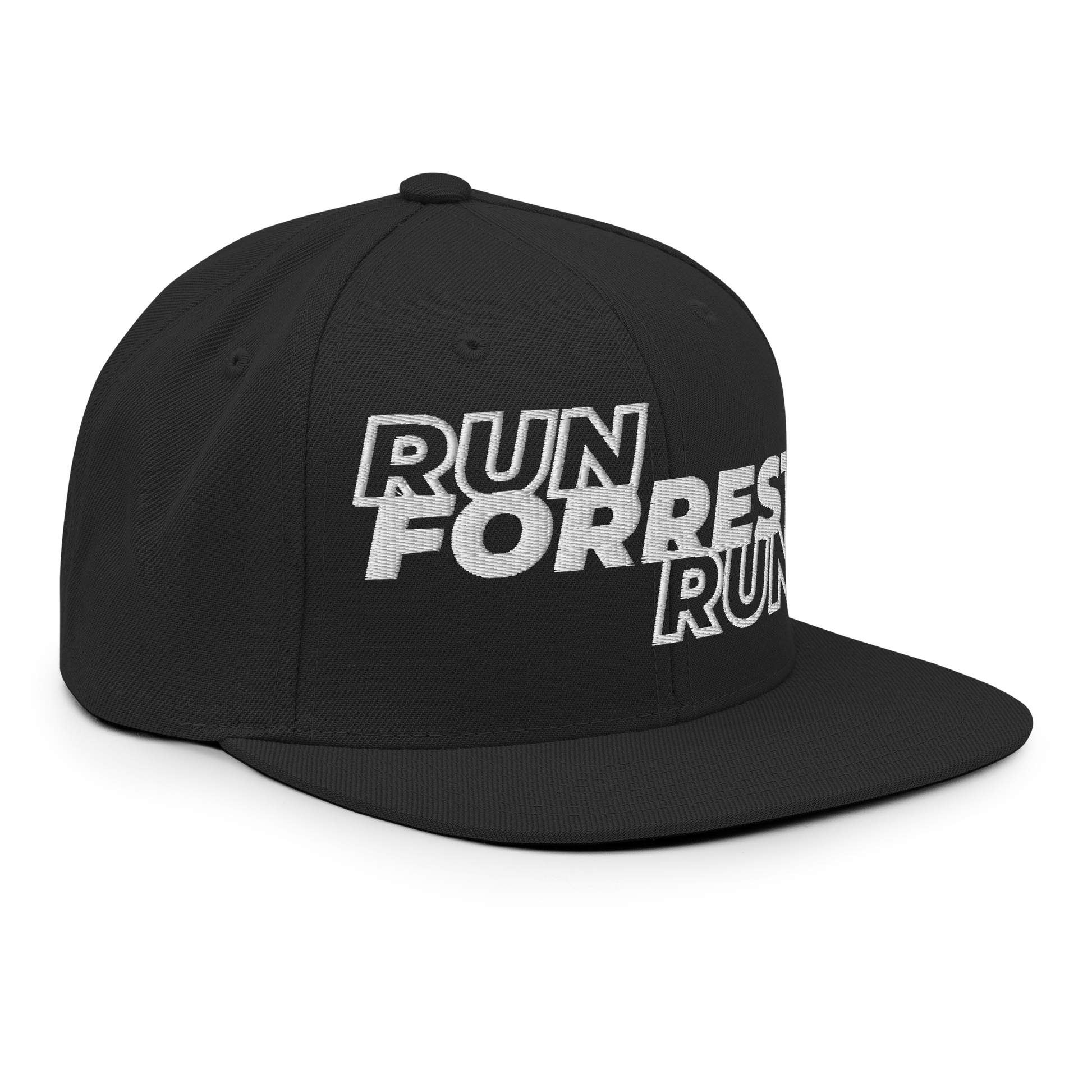 Run Forrest Run black snapback hat, front-right angle