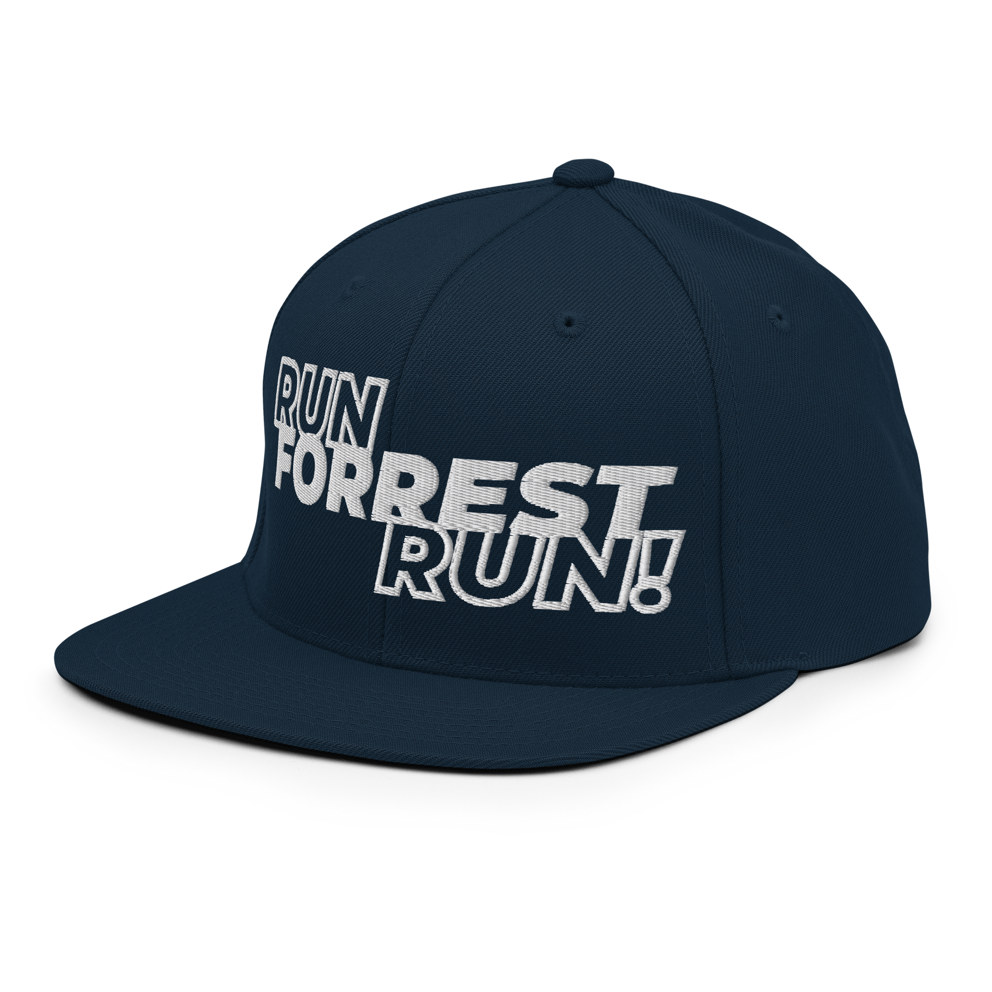 Run Forrest Run dark navy snapback hat, front-left angle