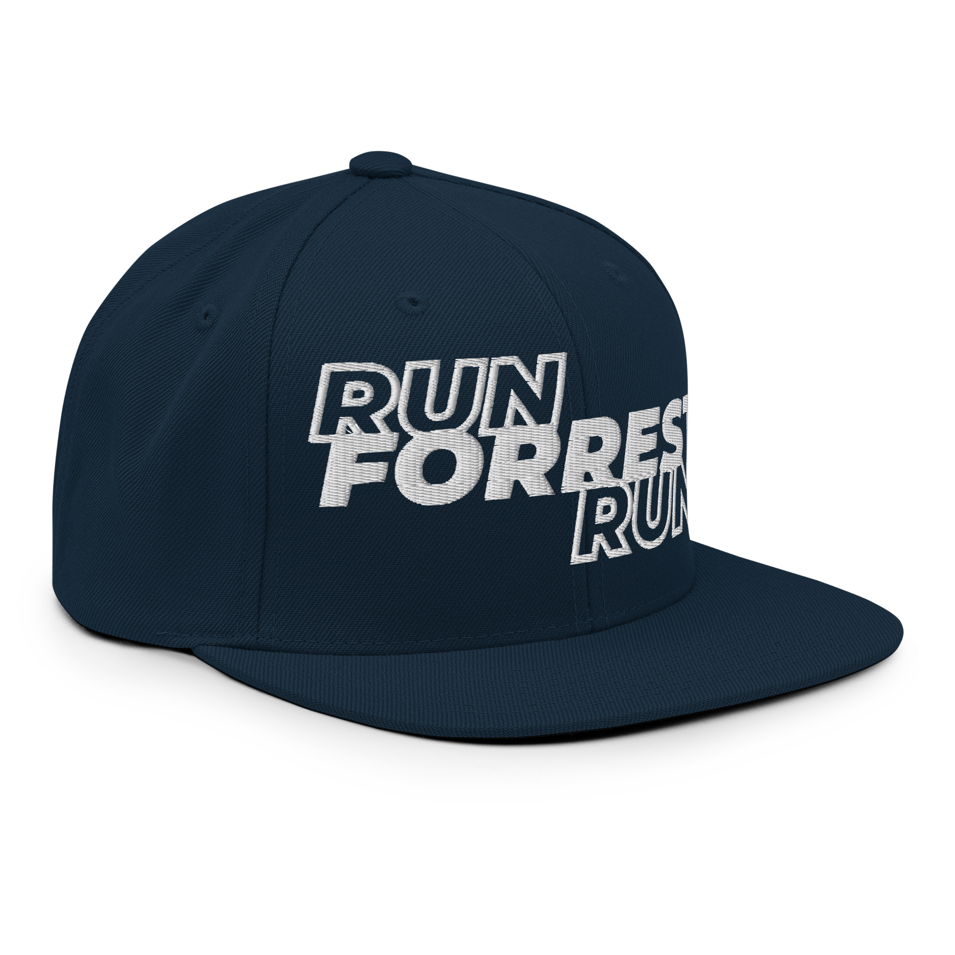 Run Forrest Run dark navy snapback hat, front-right angle