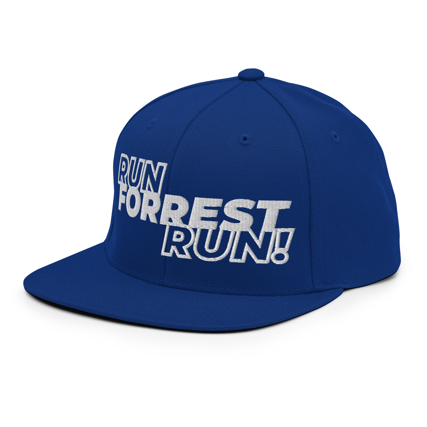 Run Forrest Run royal blue snapback hat, front-left angle
