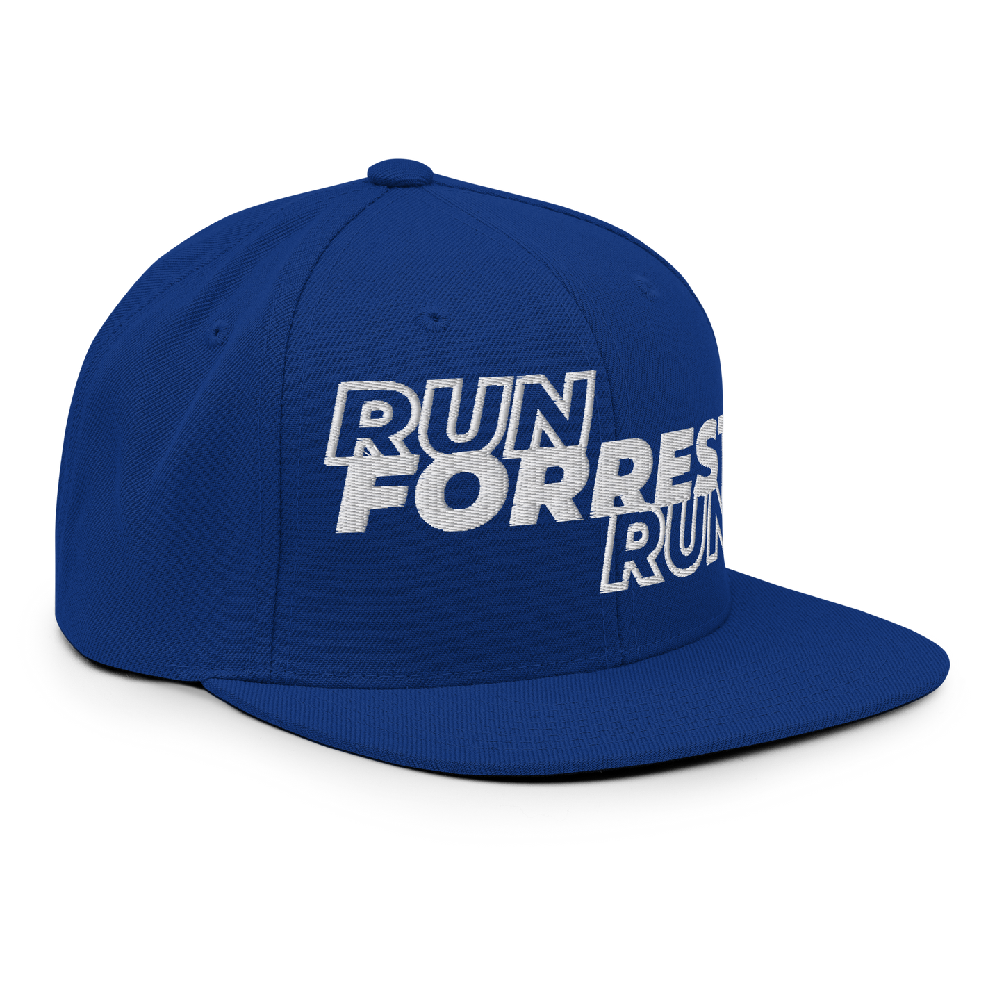 Run Forrest Run royal blue snapback hat, front-right angle