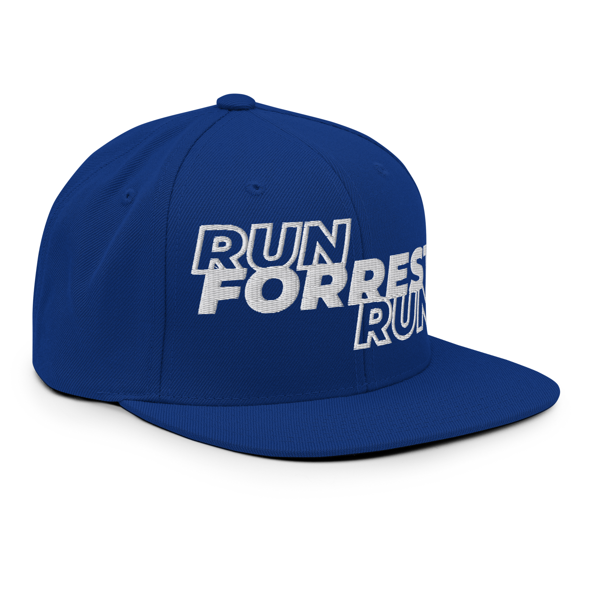Run Forrest Run royal blue snapback hat, front-right angle