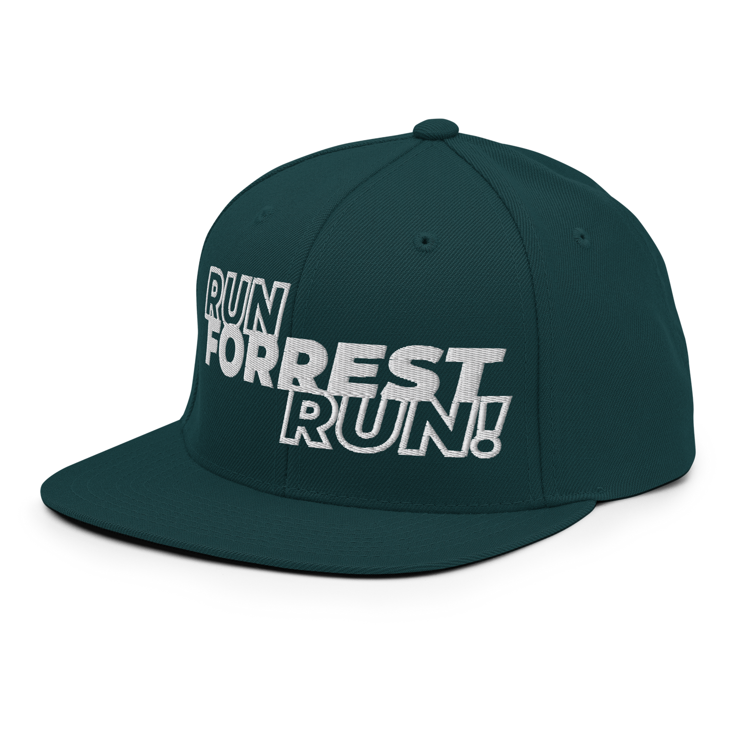 Run Forrest Run spruce green snapback hat, front-left angle