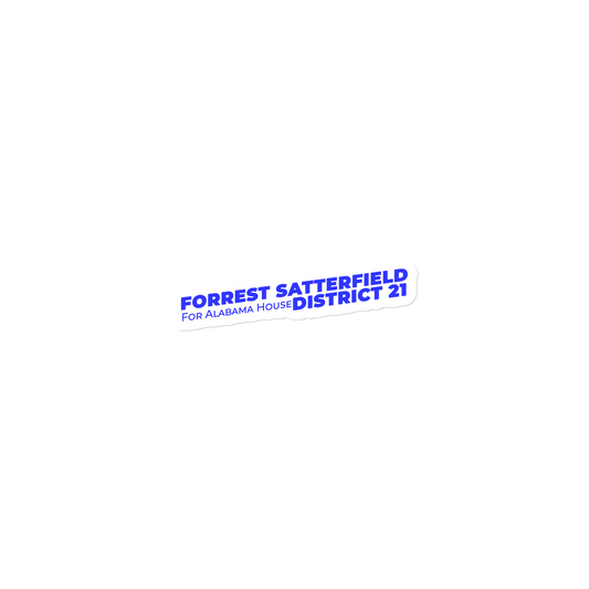 3x3 inch die-cut magnet, front view, with the blue Forrest Satterfield For Alabama House District 21 wordmark on white