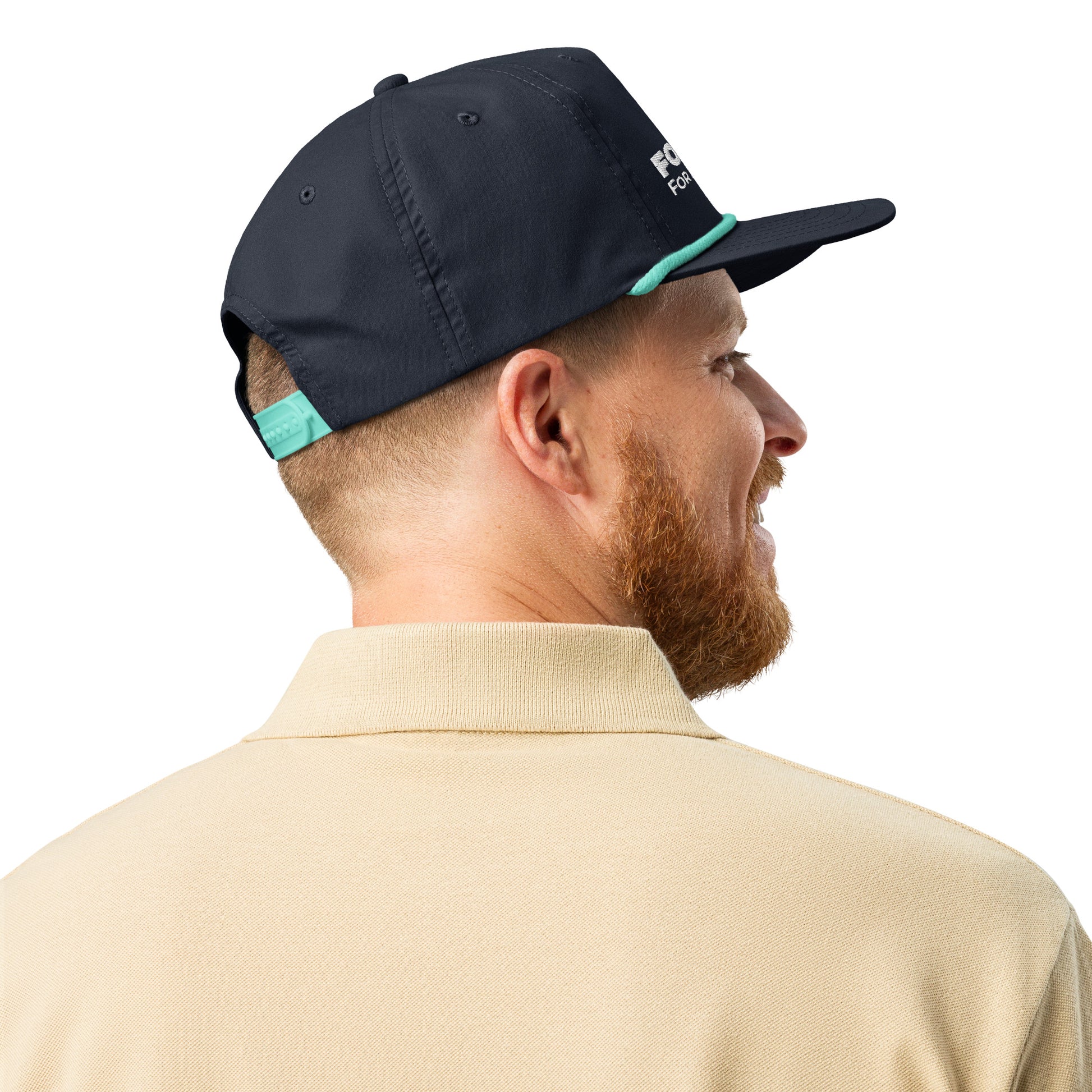 Forrest for Alabama golf rope cap, navy and mint, back view