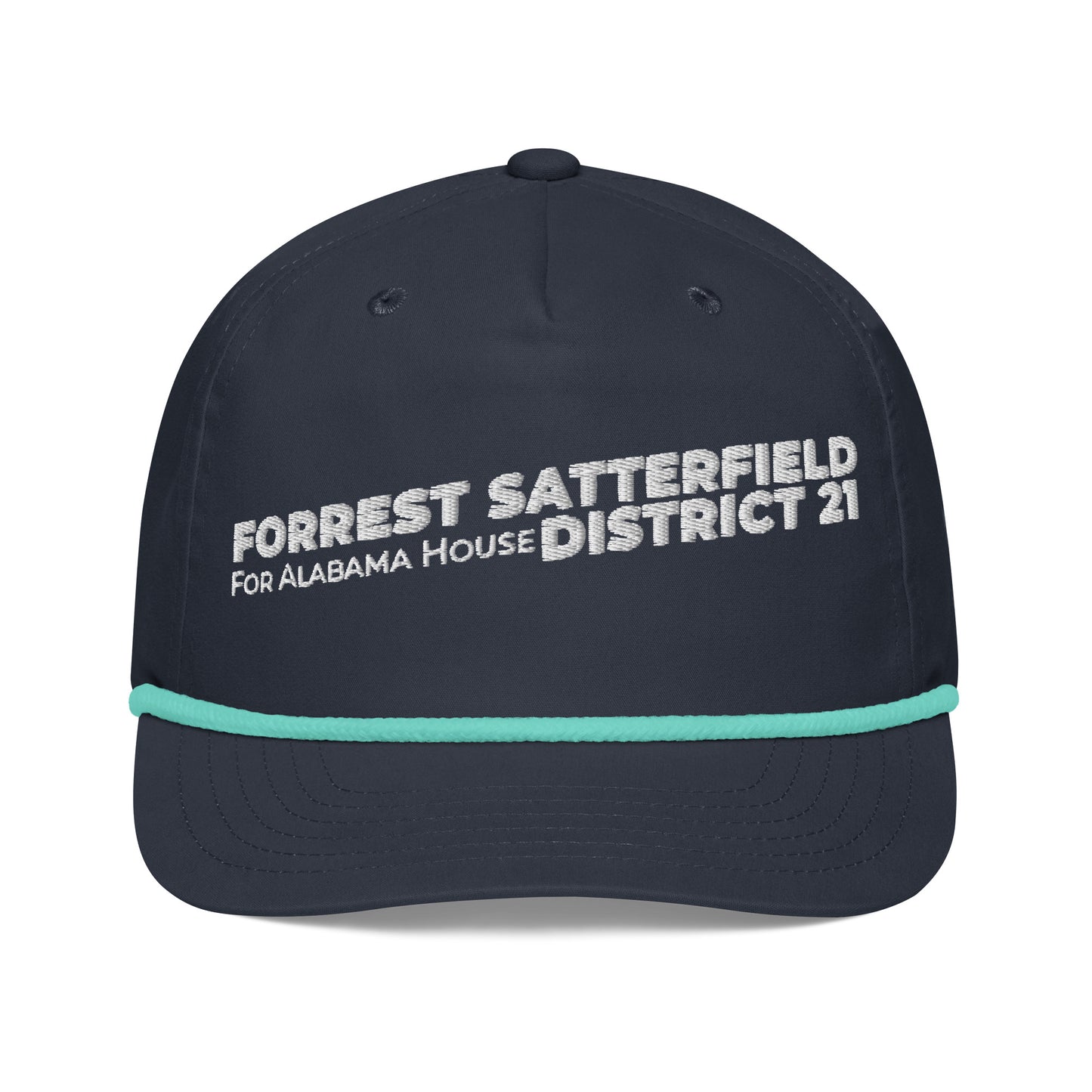 Forrest for Alabama golf rope cap, navy and mint, front view