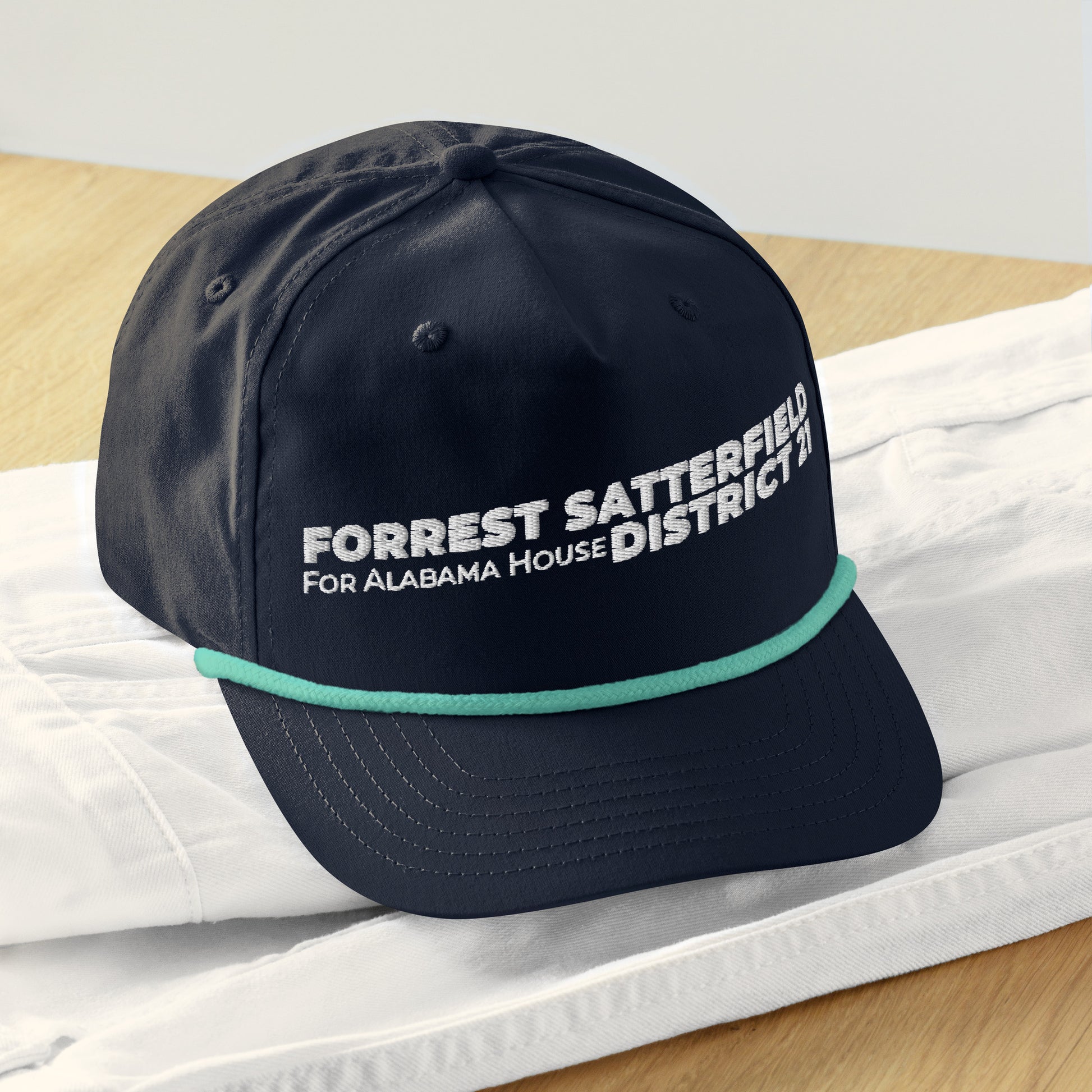 Forrest for Alabama golf rope cap, navy and mint, front view
