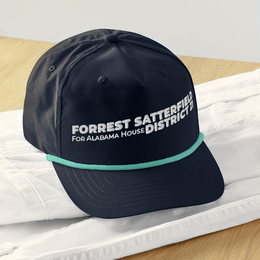 Forrest for Alabama golf rope cap, navy and mint, front view